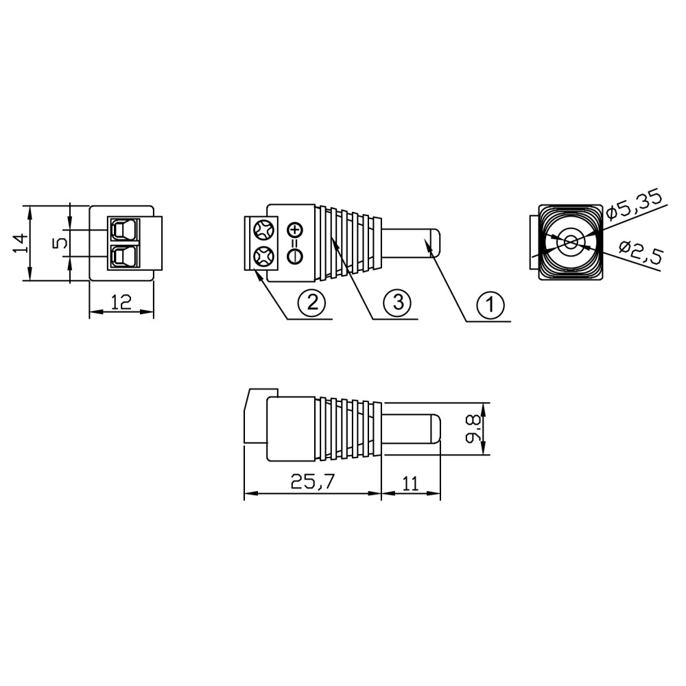 Disegno tecnico di un connettore, con dimensioni, viste laterali e dall'alto.