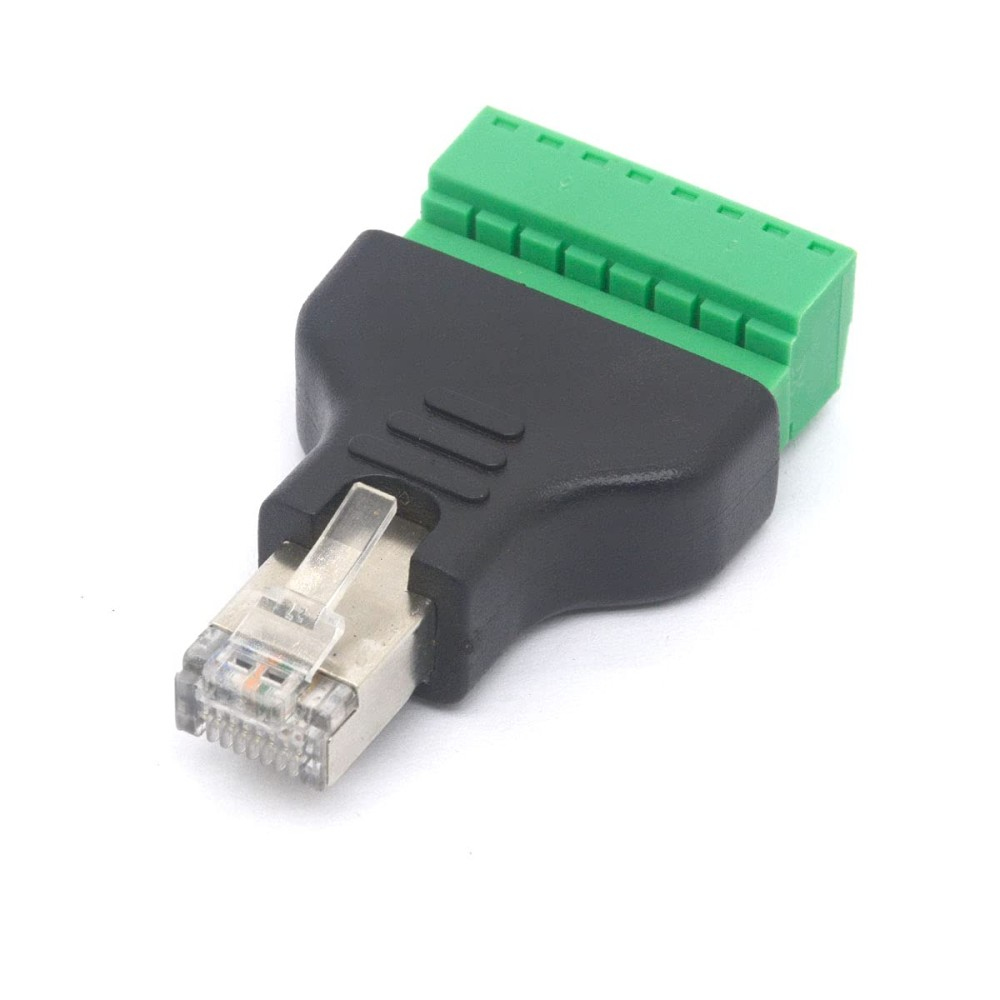 Adattatore nero con connettore RJ45 e terminali verdi, su sfondo bianco.