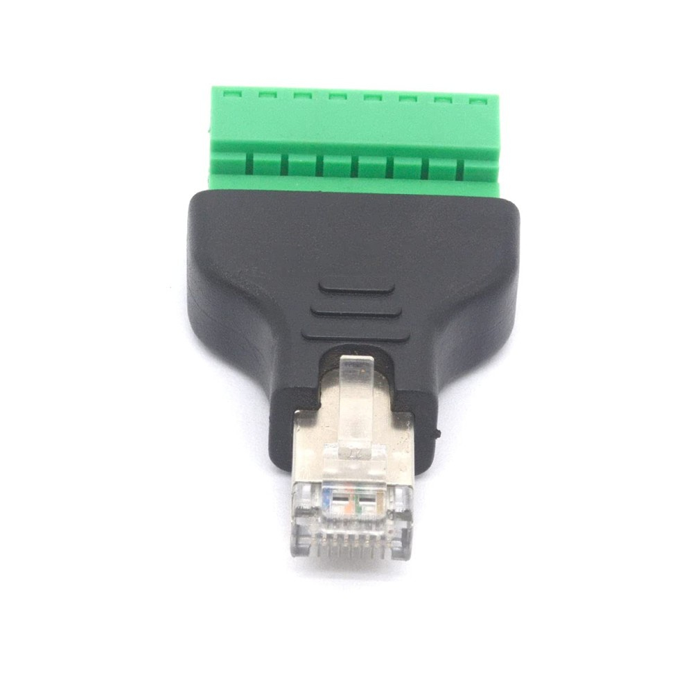 Adattatore nero con connettore verde e porta RJ45.