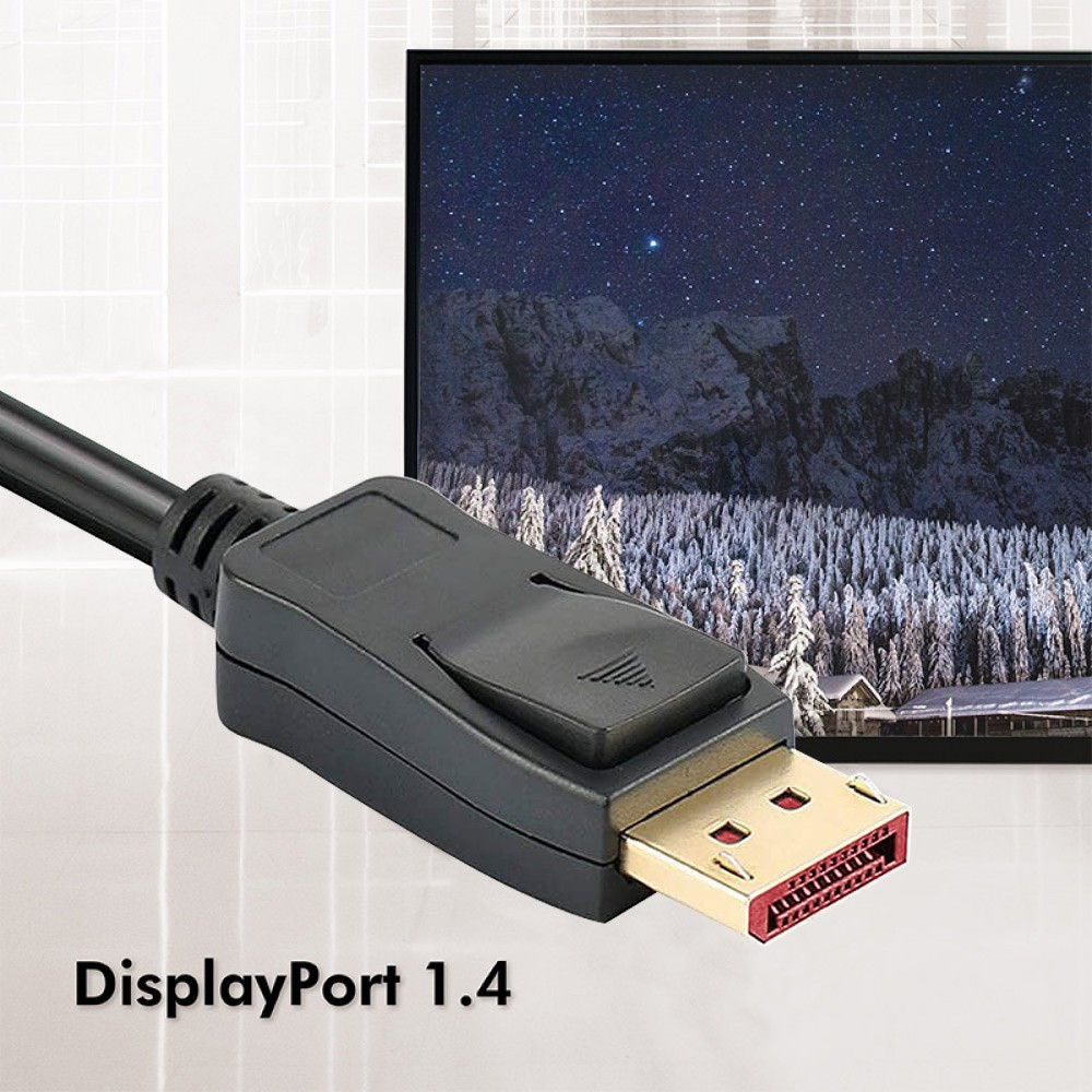 Czarny kabel i złącze DisplayPort z zimową scenerią górską na ekranie.
