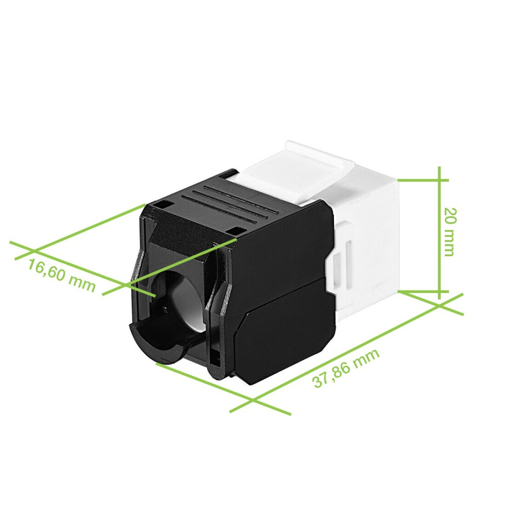 Connettore RJ45 bianco e nero. Dimensioni mostrate: 16,60 mm, 20 mm e 37,86 mm.