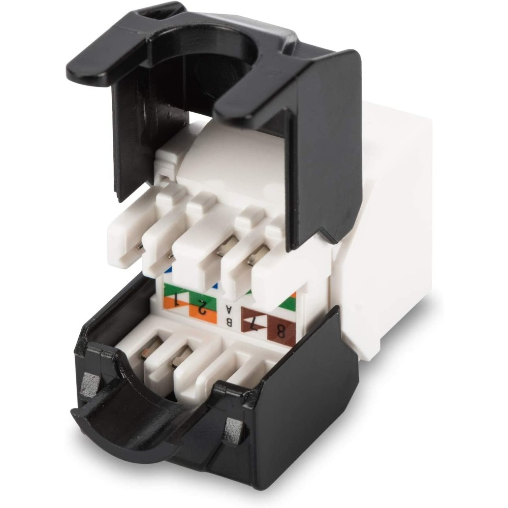 Connettore RJ45 bianco e nero, aperto. I fili sono visibili, con etichette. Il coperchio nero è aperto.