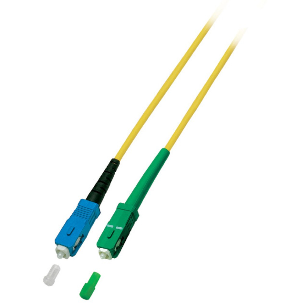 Due cavi in fibra ottica con connettori blu e verdi e cavi gialli, sfondo bianco.