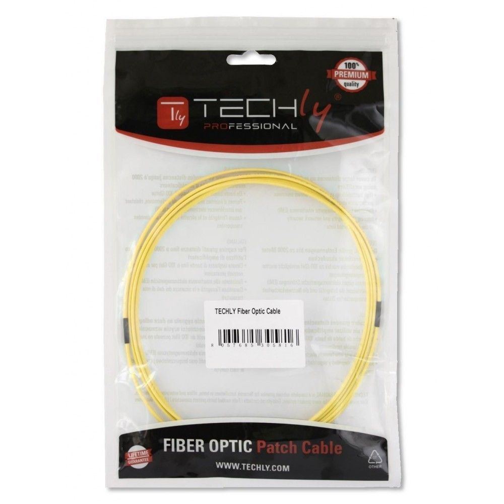 Cavo in fibra ottica giallo in una confezione Techly Professional, su sfondo bianco.