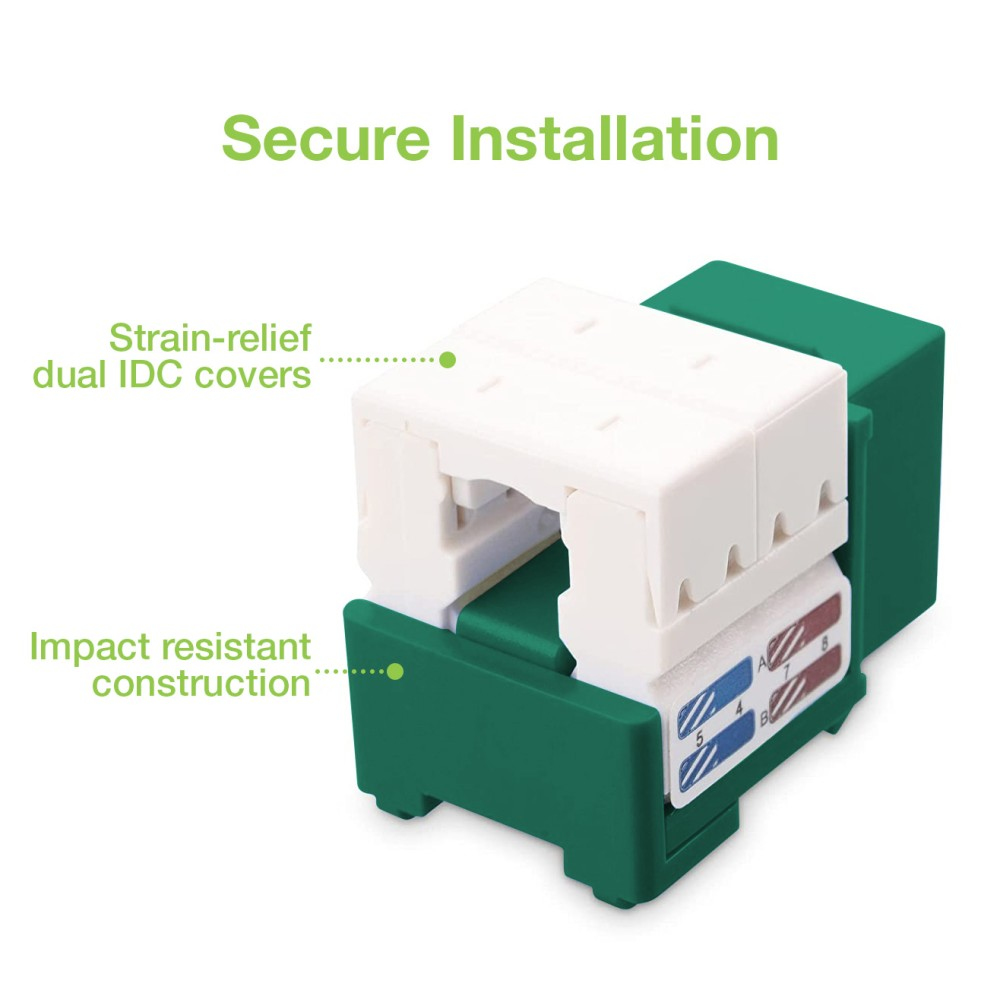 Un connettore Cat6 verde. Copertura superiore bianca, porte blu e marroni. Testo: Installazione sicura, Allevia lo stress.