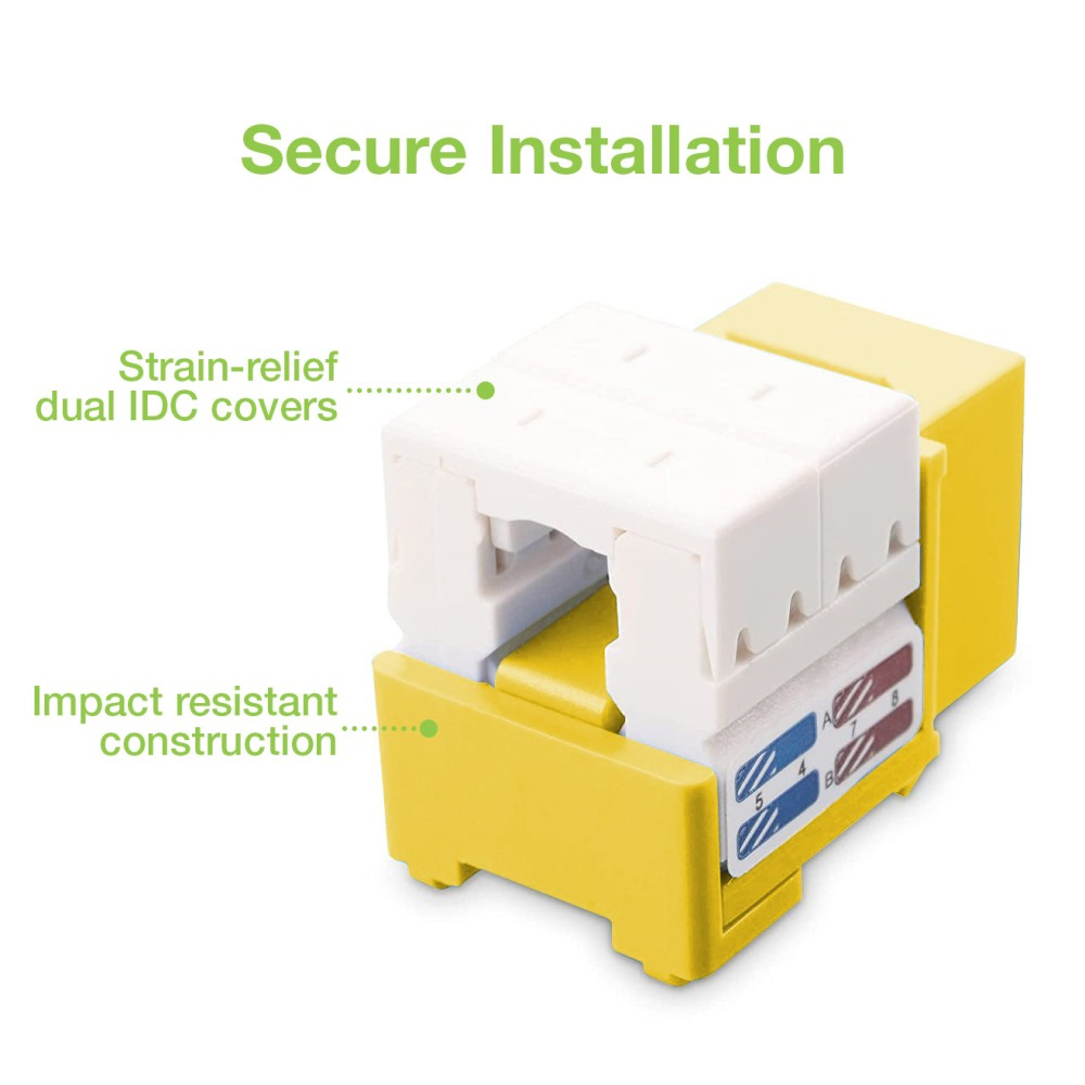 Un connettore Cat6 giallo. Copertura superiore bianca, porte blu e marroni. Testo: Installazione sicura, Allevia lo stress.