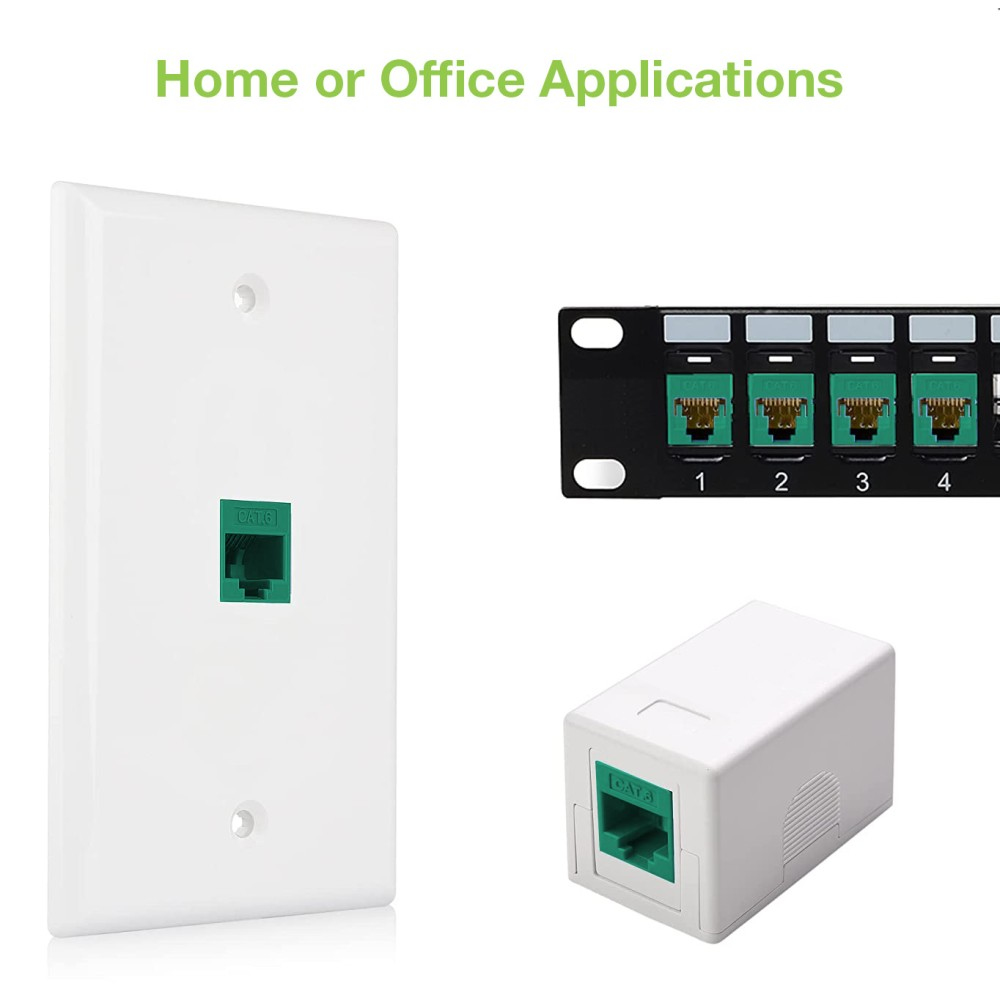 Porte Cat6 multiple. Una placca a muro bianca, un pannello rack nero con porte verdi e un connettore bianco.
