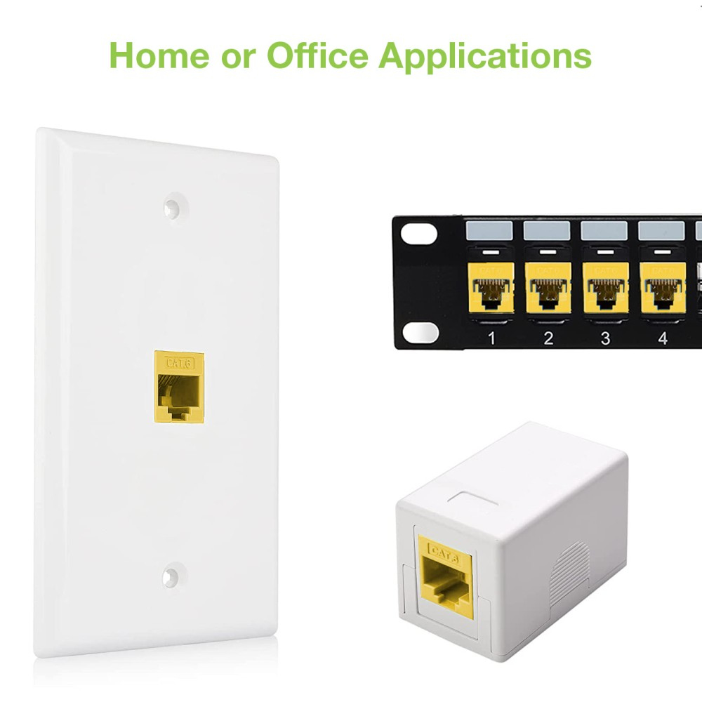Porte Cat6 multiple. Una placca a muro bianca, un pannello rack nero con porte gialle e un connettore bianco.