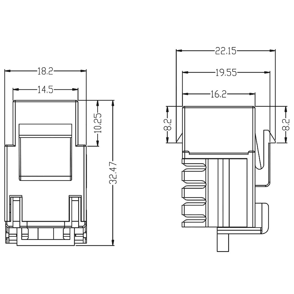 Disegno tecnico di un connettore. Mostra dimensioni e misure. Il connettore è visto di fronte e di lato.