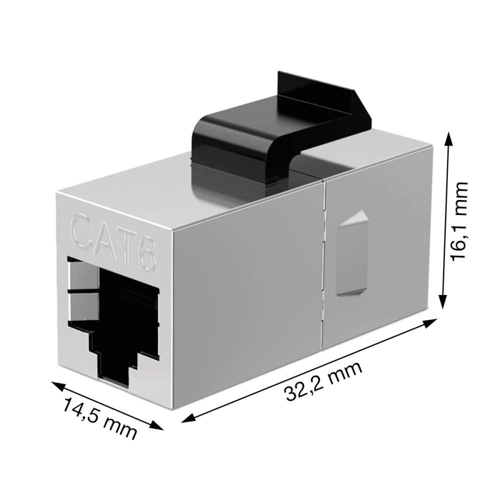 Un connettore Cat6 argento con un fermo nero. Testo: CAT6 è stampato sul lato. Le dimensioni sono visibili.