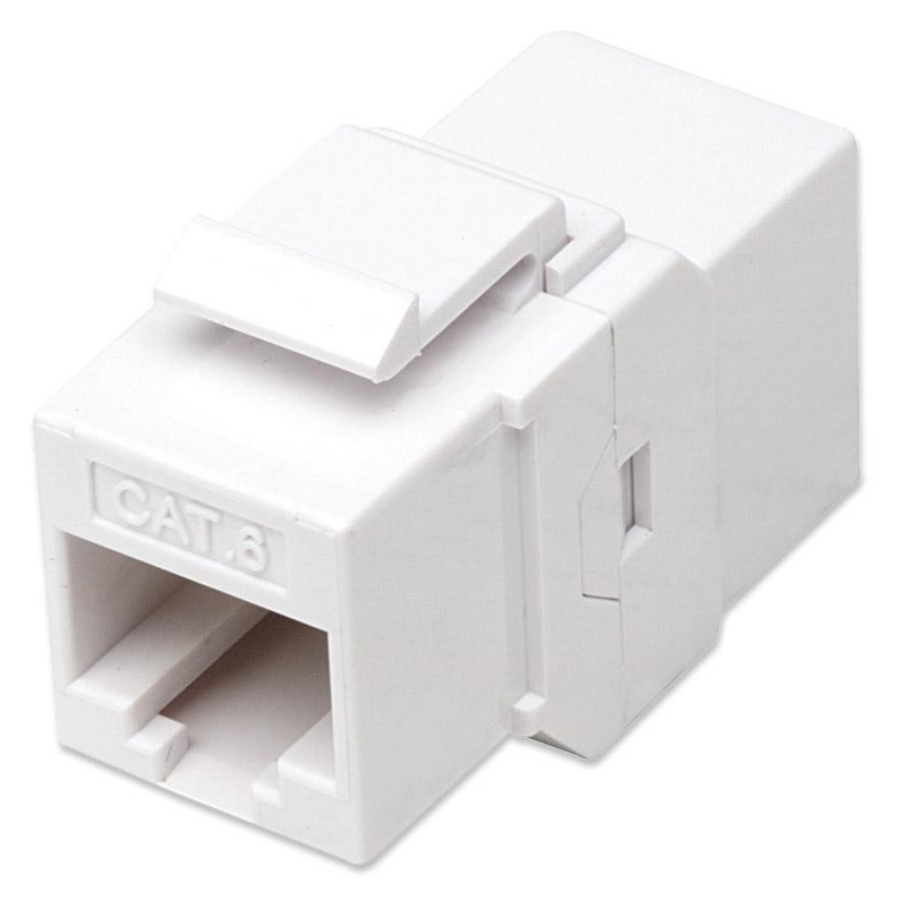 Un connettore Cat6 bianco. Testo: CAT6 è stampato sul lato. Il connettore ha una clip sulla parte superiore.