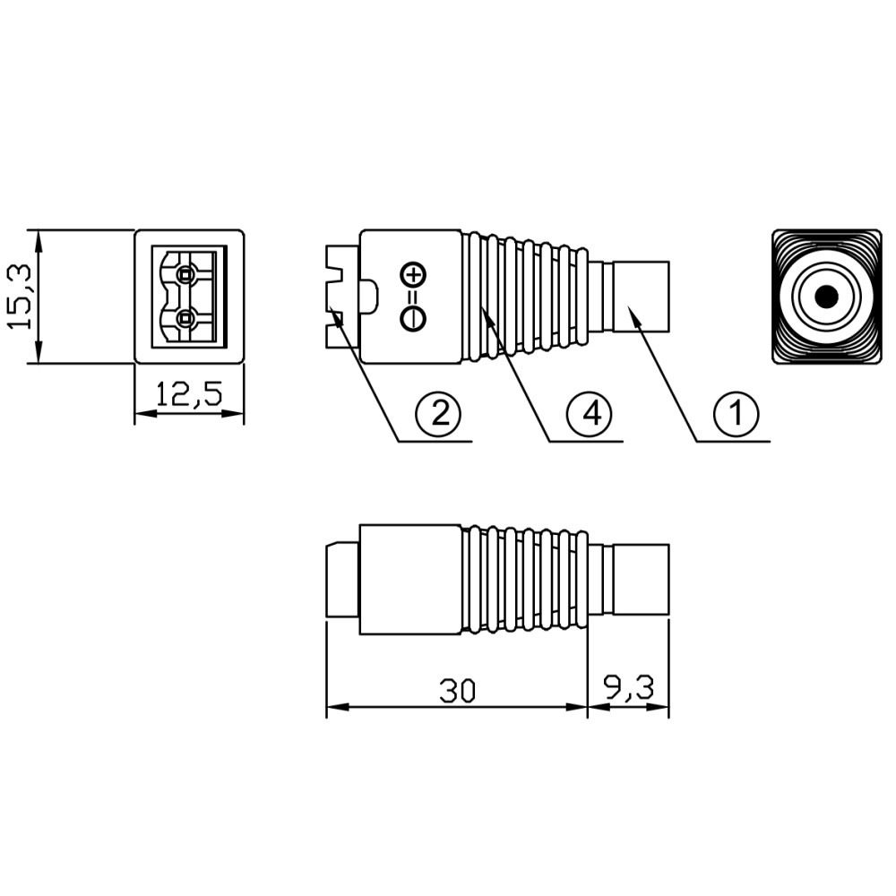 Disegno tecnico di un connettore con dimensioni. Sfondo bianco.