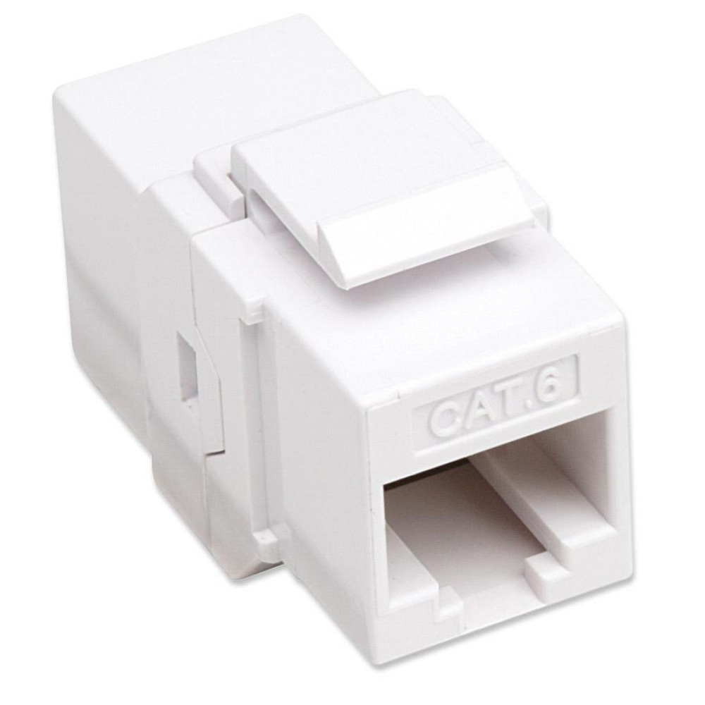 Jack Keystone CAT6 bianco. Ha un frontale rettangolare. Ha un piccolo fermo superiore.