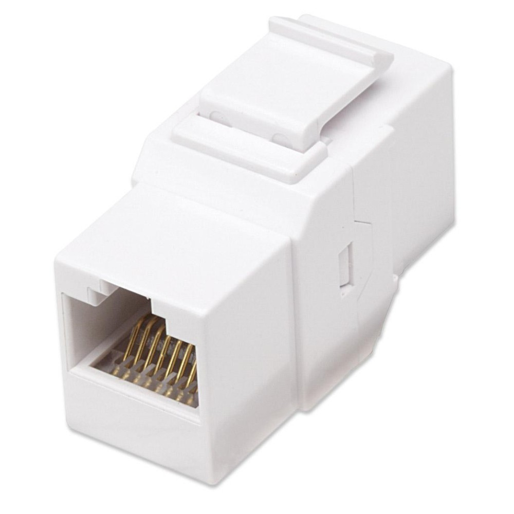 Jack Keystone CAT6 bianco. Vista frontale. Ha dei pin dorati all'interno. Il fermo superiore è visibile.