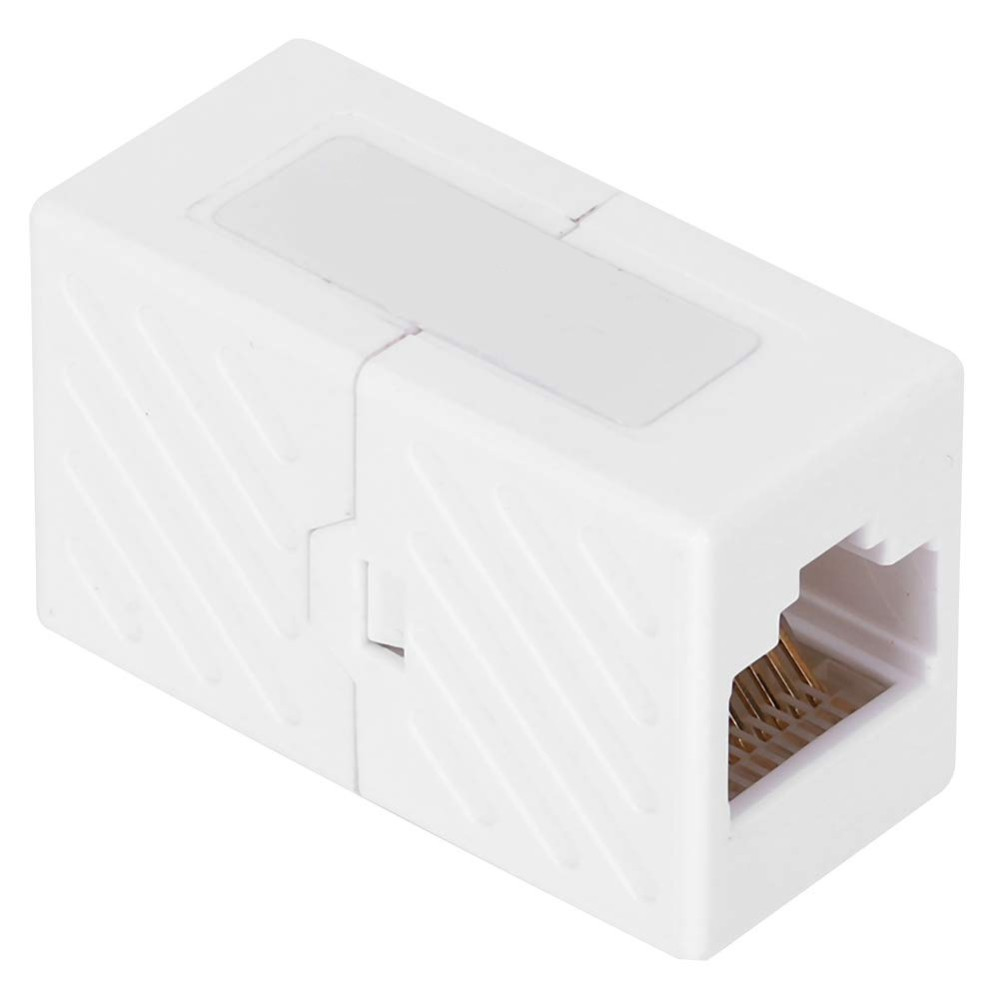 White CAT6 coupler. Has a rectangular shape. Has gold pins inside. A white rectangle on top.