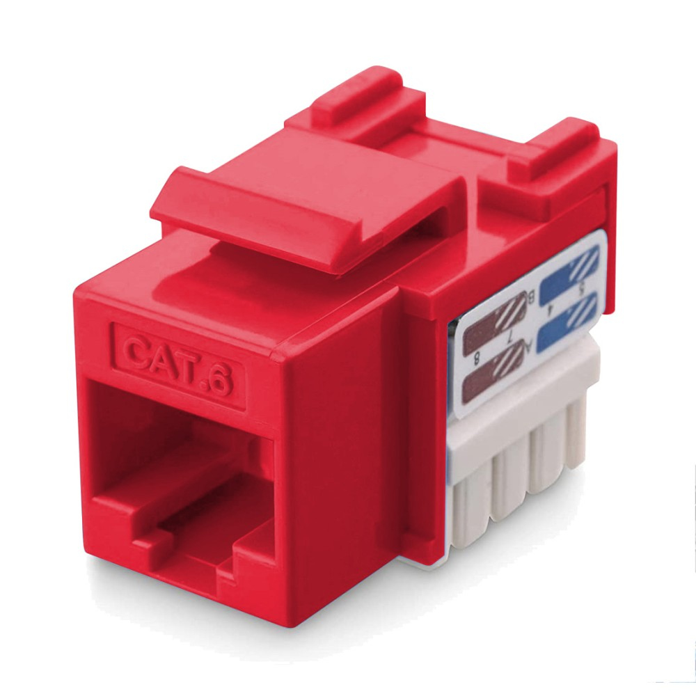Jack Keystone CAT6 rosso. Ha l'etichetta CAT6. Codice colore blu e marrone. Connettori IDC bianchi.