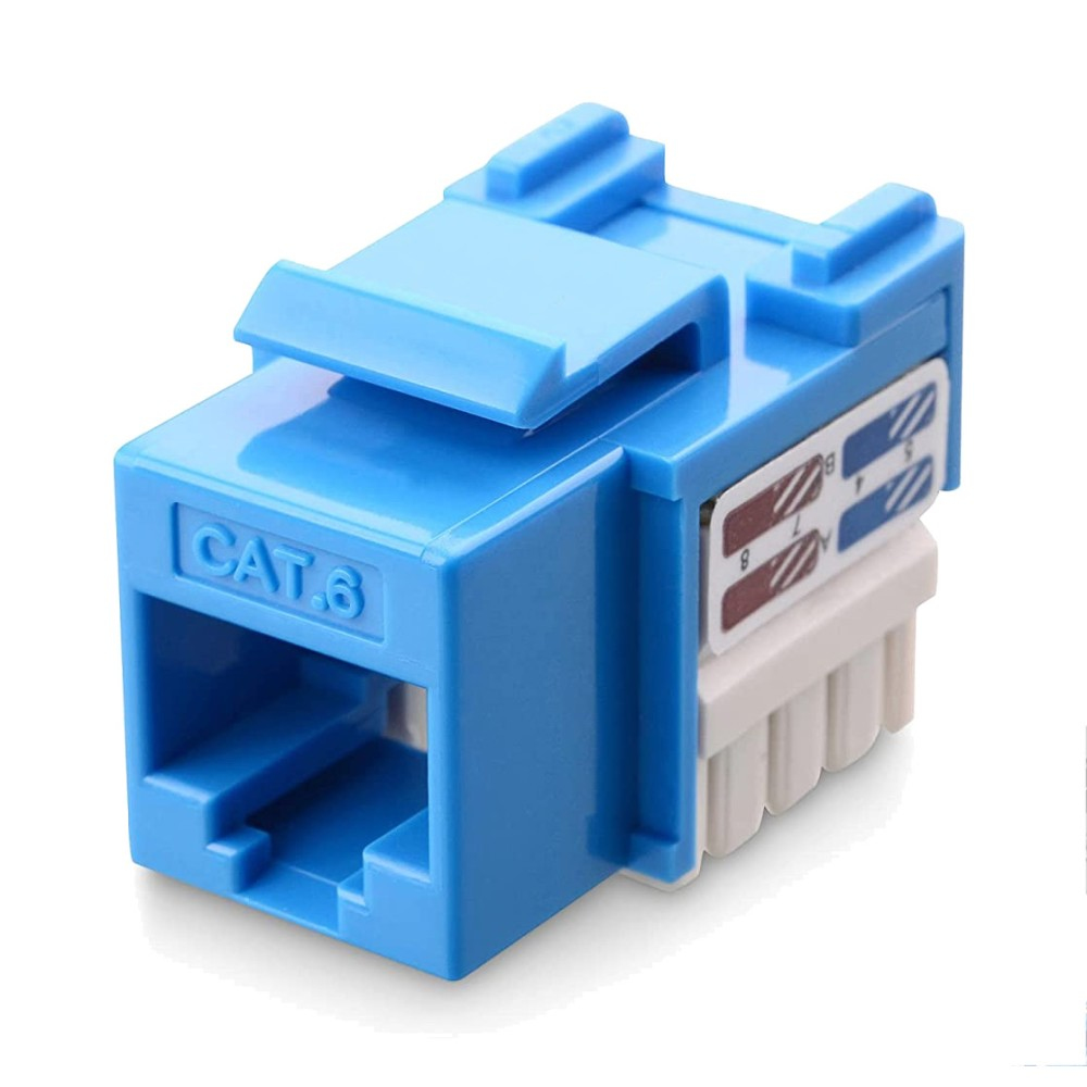 Jack Keystone CAT6 blu. Ha l'etichetta CAT6. Codice colore blu e marrone. Connettori IDC bianchi.