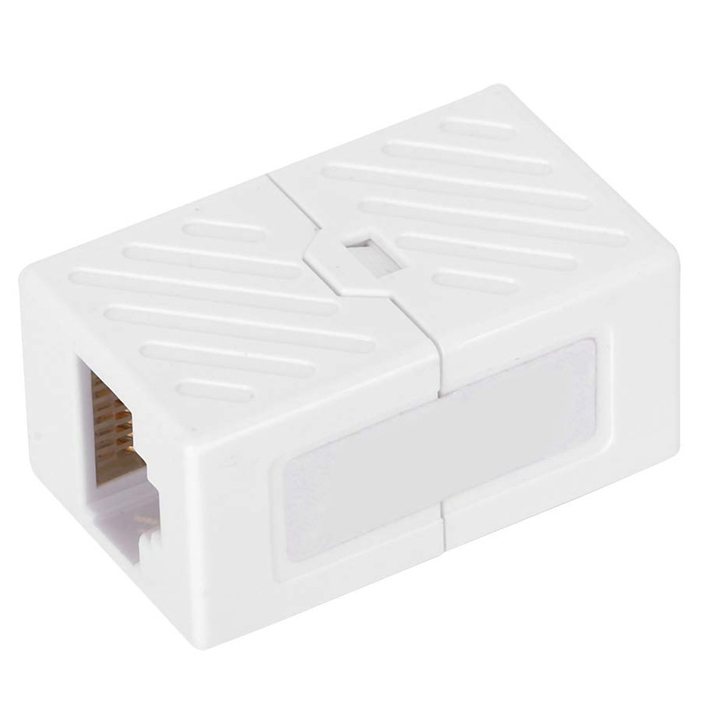 White CAT6 coupler. Has a rectangular shape. Has gold pins inside. A white rectangle on top.