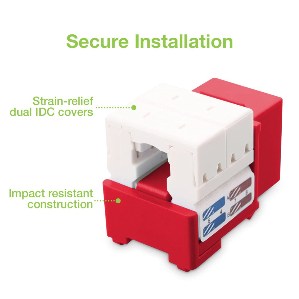 Jack Keystone CAT6 rosso. Il testo dice installazione sicura. Include scarico della trazione e resistenza agli urti.
