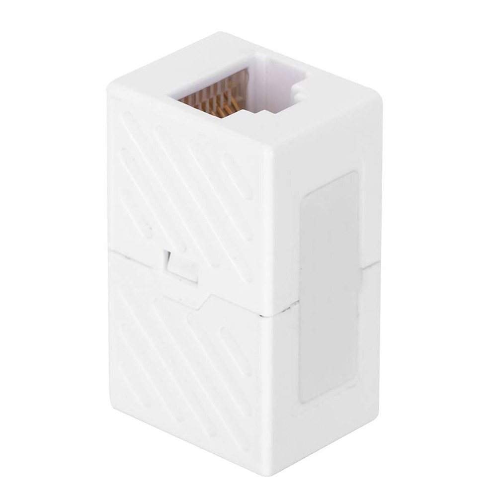 White CAT6 coupler. Has a rectangular shape. Has gold pins inside. A white rectangle on top.