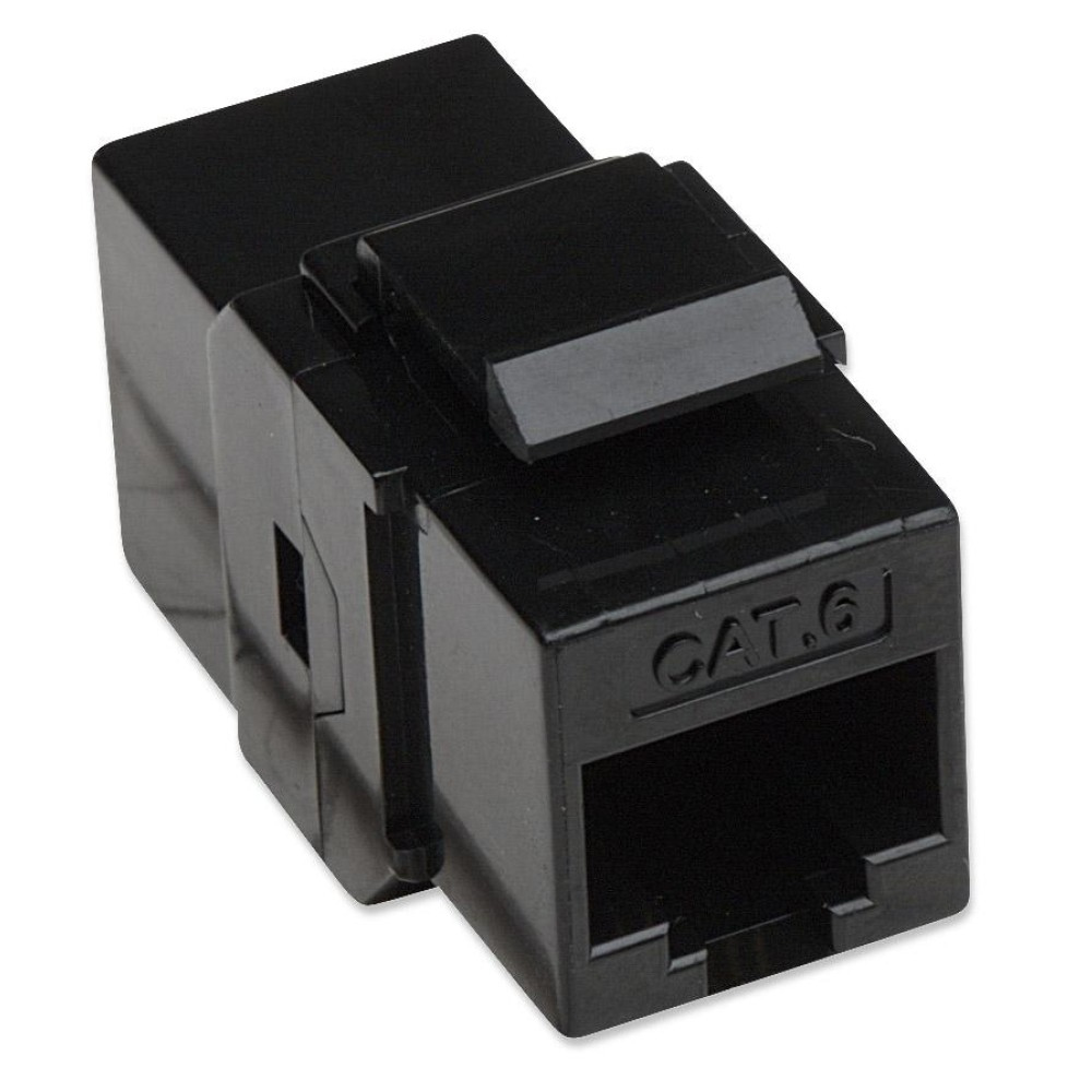 Jack Keystone CAT6 nero. Ha l'etichetta CAT6. Il jack è rettangolare. Il fermo superiore è visibile.