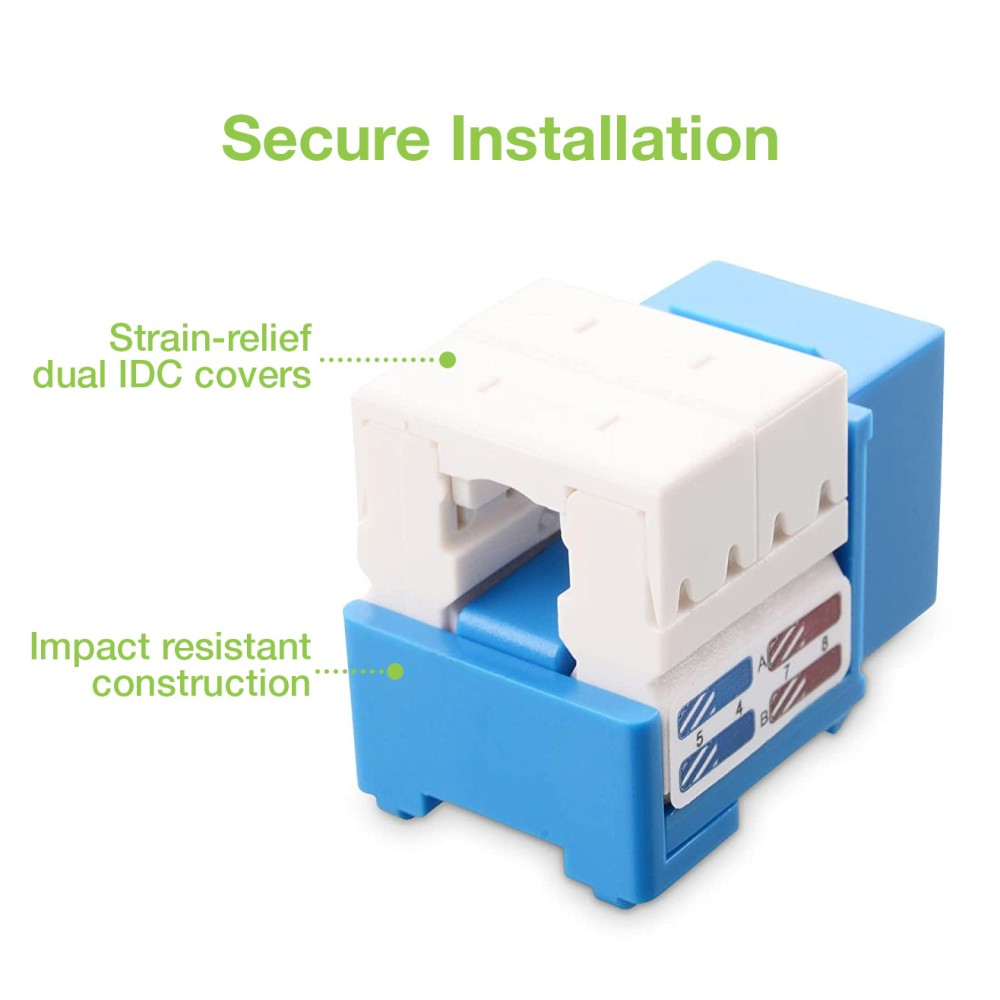 Connettore di rete blu e bianco. Il testo recita: Installazione sicura, scarico della trazione, doppie coperture IDC e costruzione resistente agli urti.