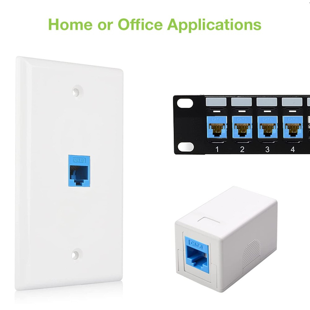 Placca a muro bianca con porta di rete blu e un rack nero con porte di rete. Il testo recita: Home or Office Applications.