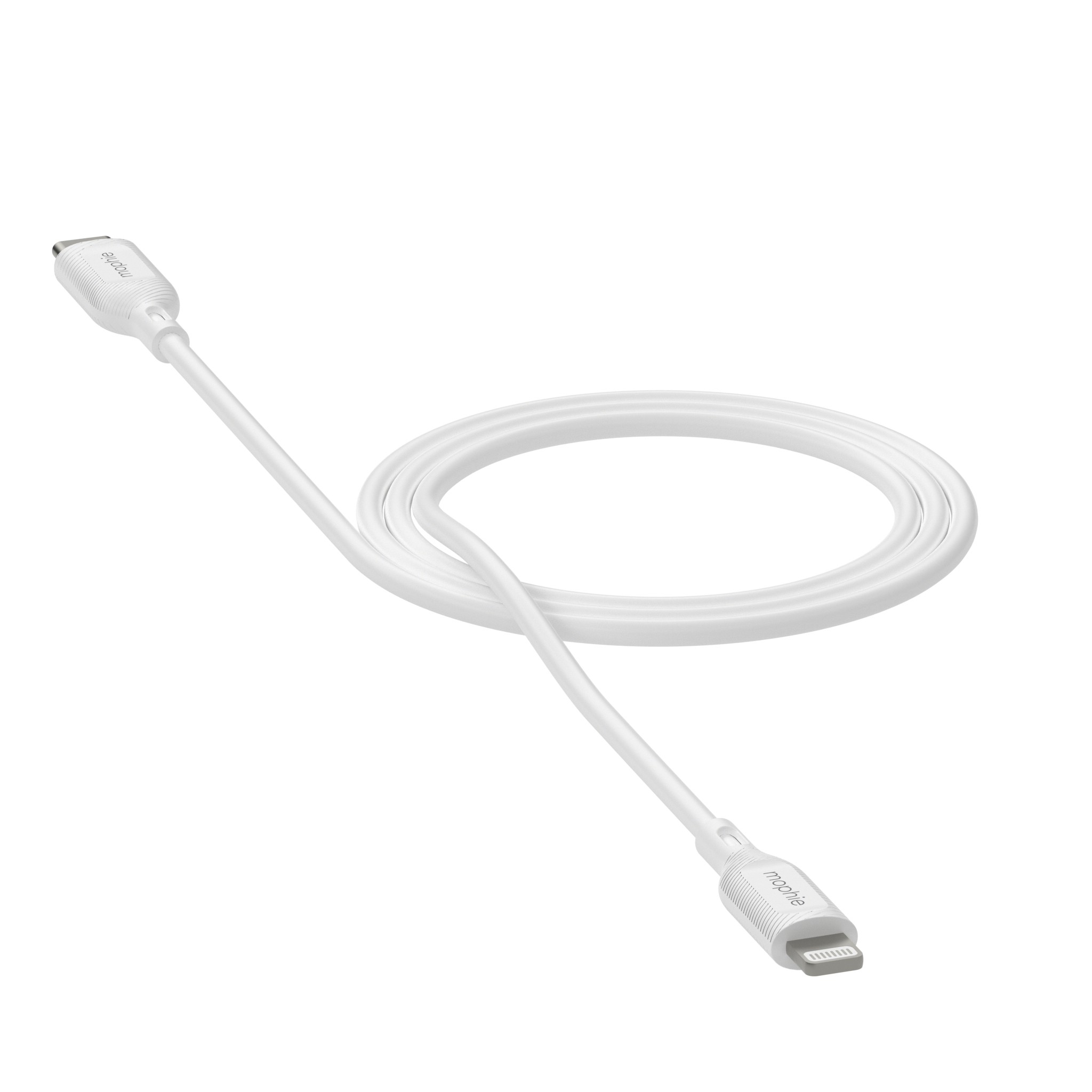 Un cavo Lightning bianco del marchio Mophie, arrotolato su una superficie bianca.