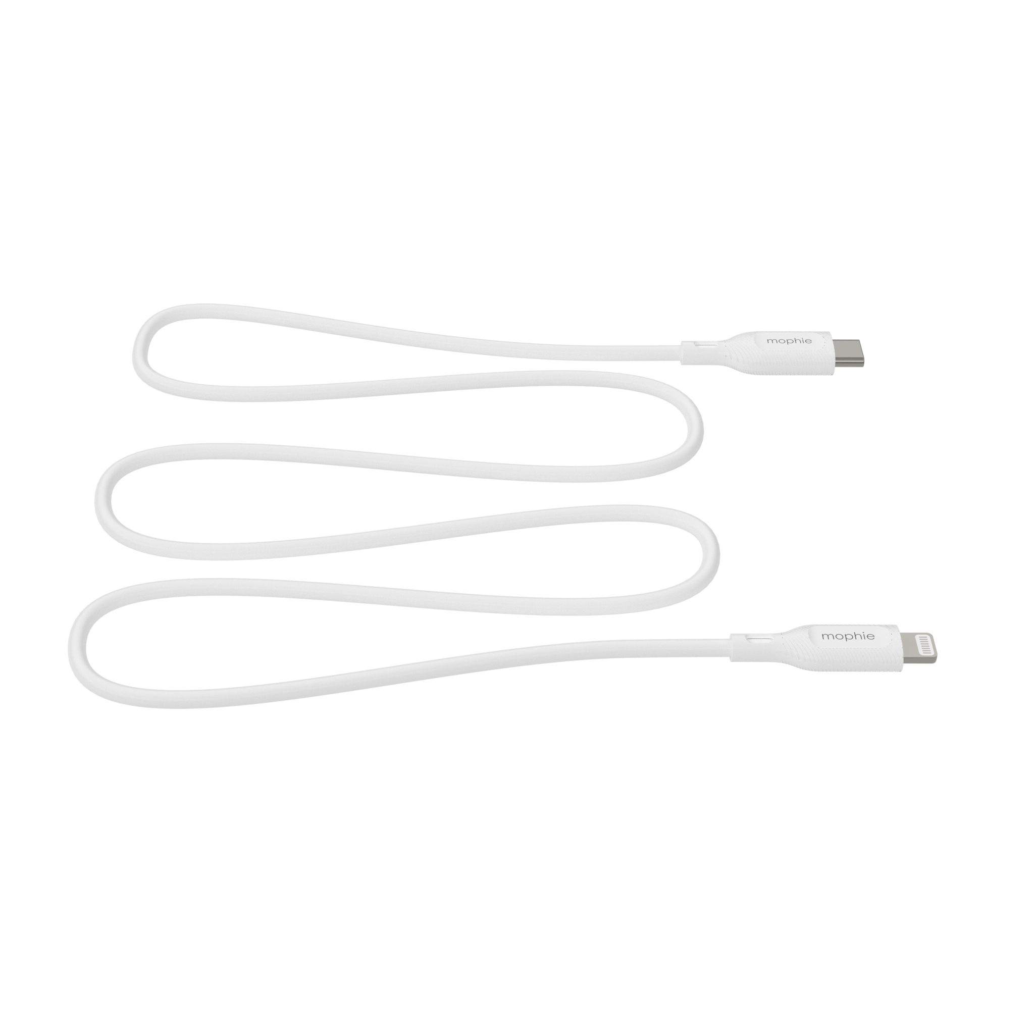 Cavo bianco con connettori USB-C e Lightning, a forma di onda, su sfondo bianco.