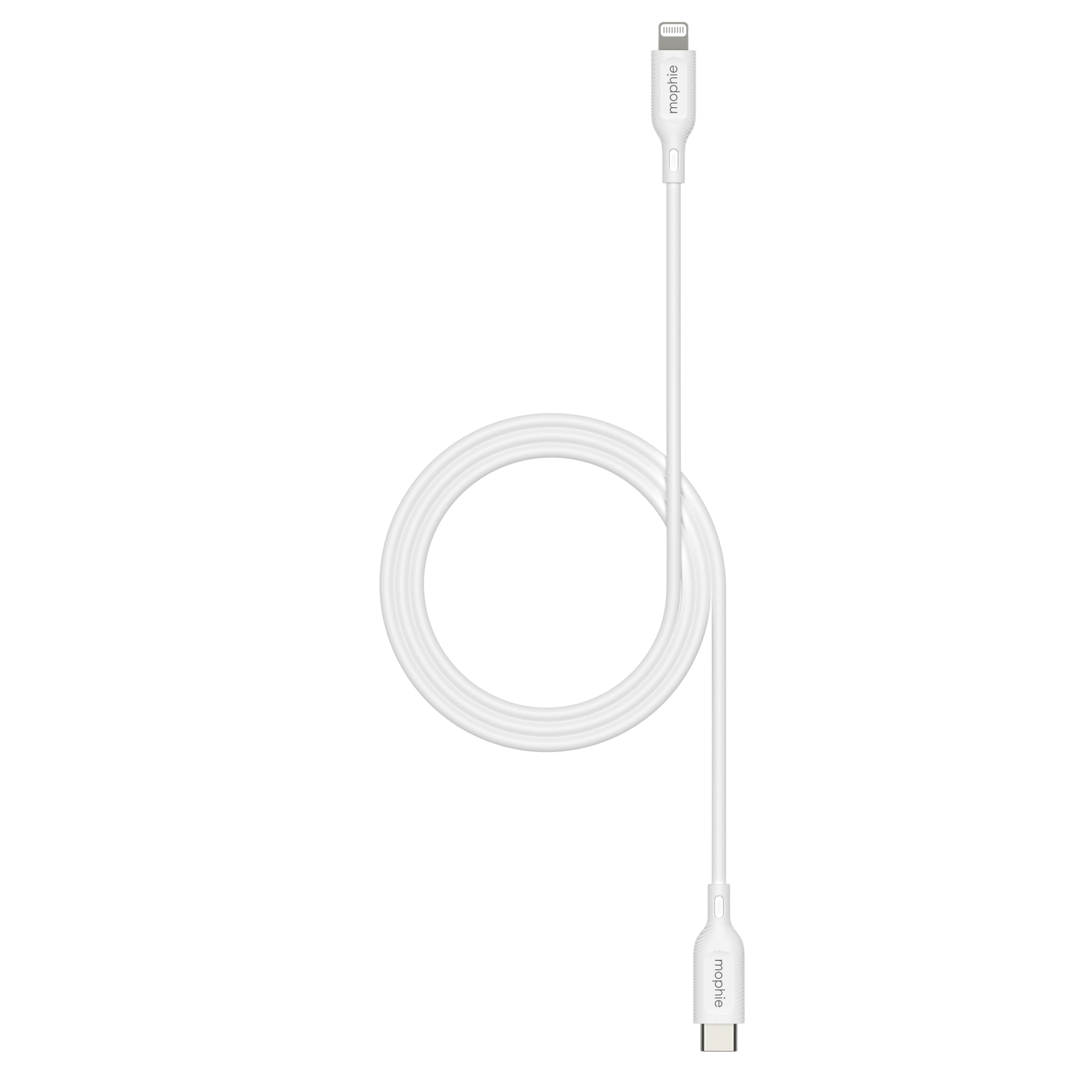Cavo Mophie bianco con connettore Lightning e USB-C. Sfondo bianco.