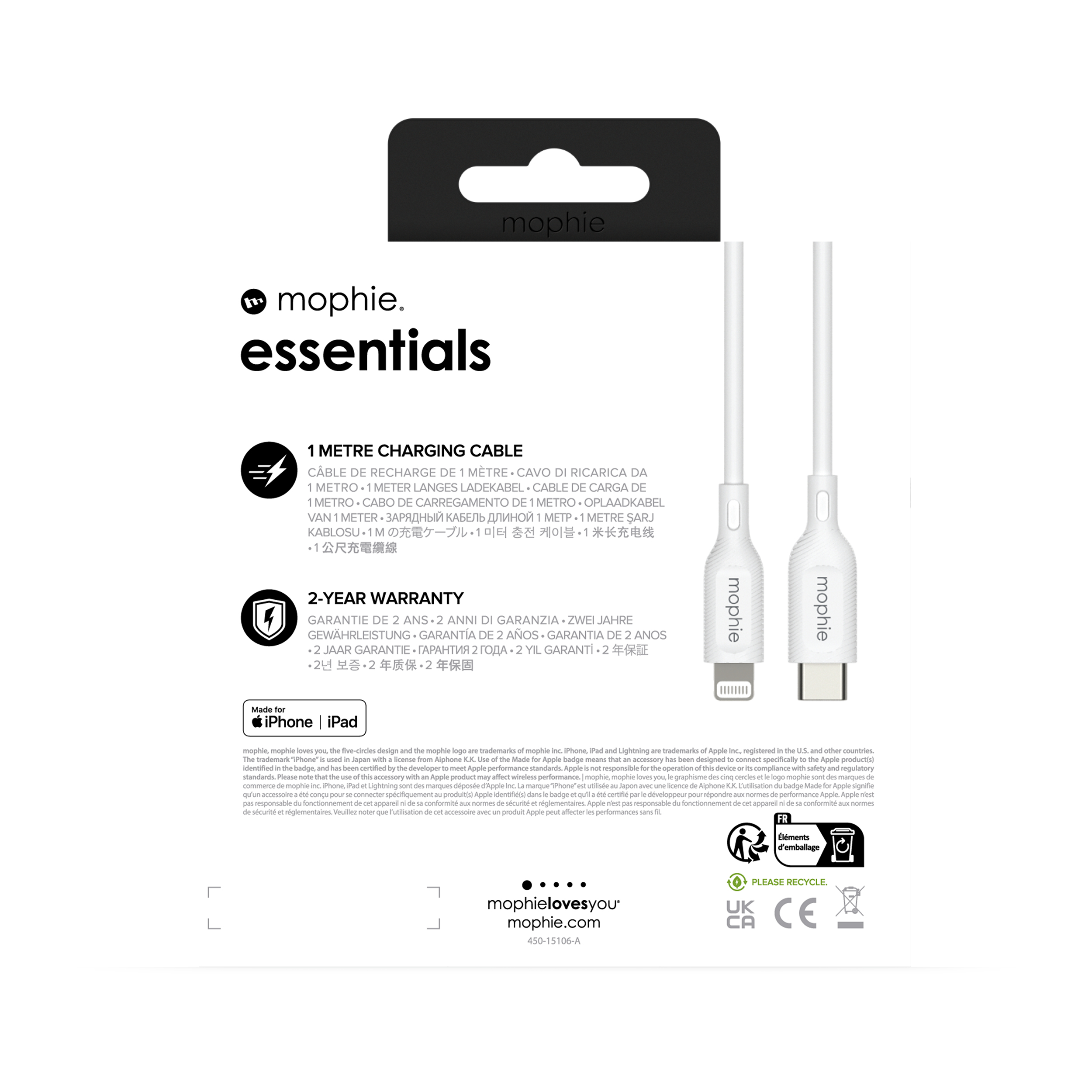 Confezione cavo di ricarica Mophie essentials, sfondo bianco. Testo e illustrazioni visibili.