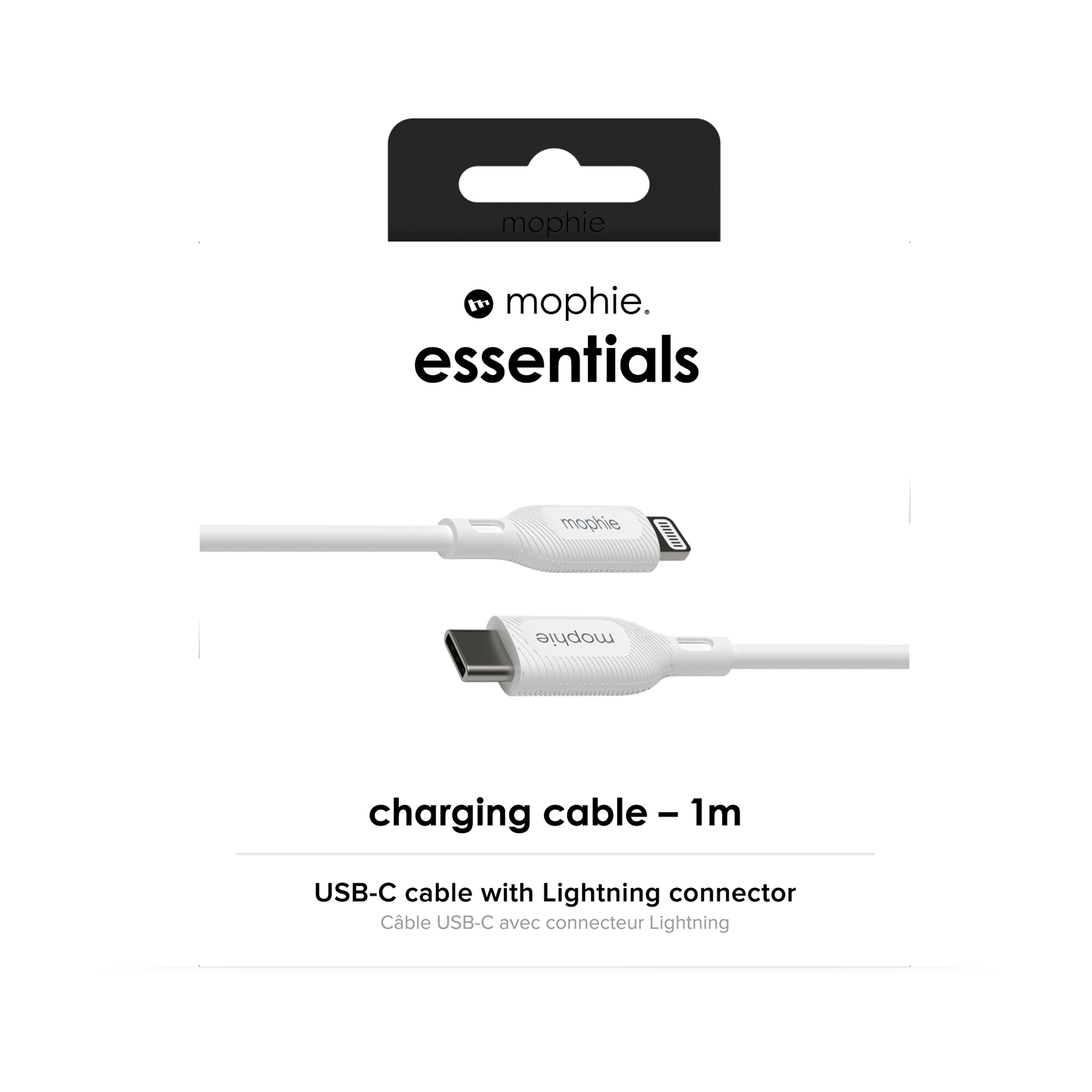 Un cavo di ricarica bianco con connettori Lightning e USB-C e una confezione nera mophie essentials.
