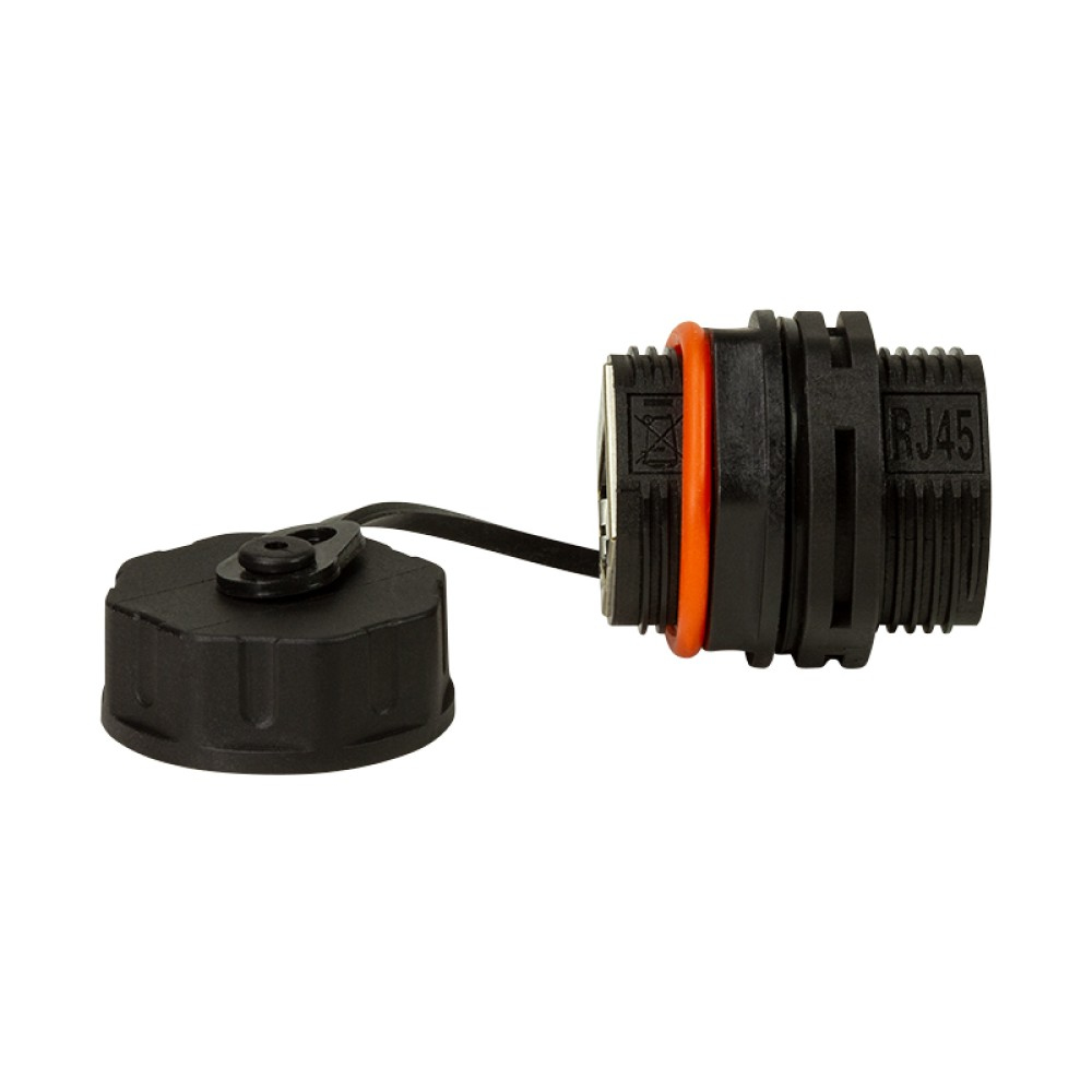 Connettore nero con coperchio nero e porta RJ45 nera.