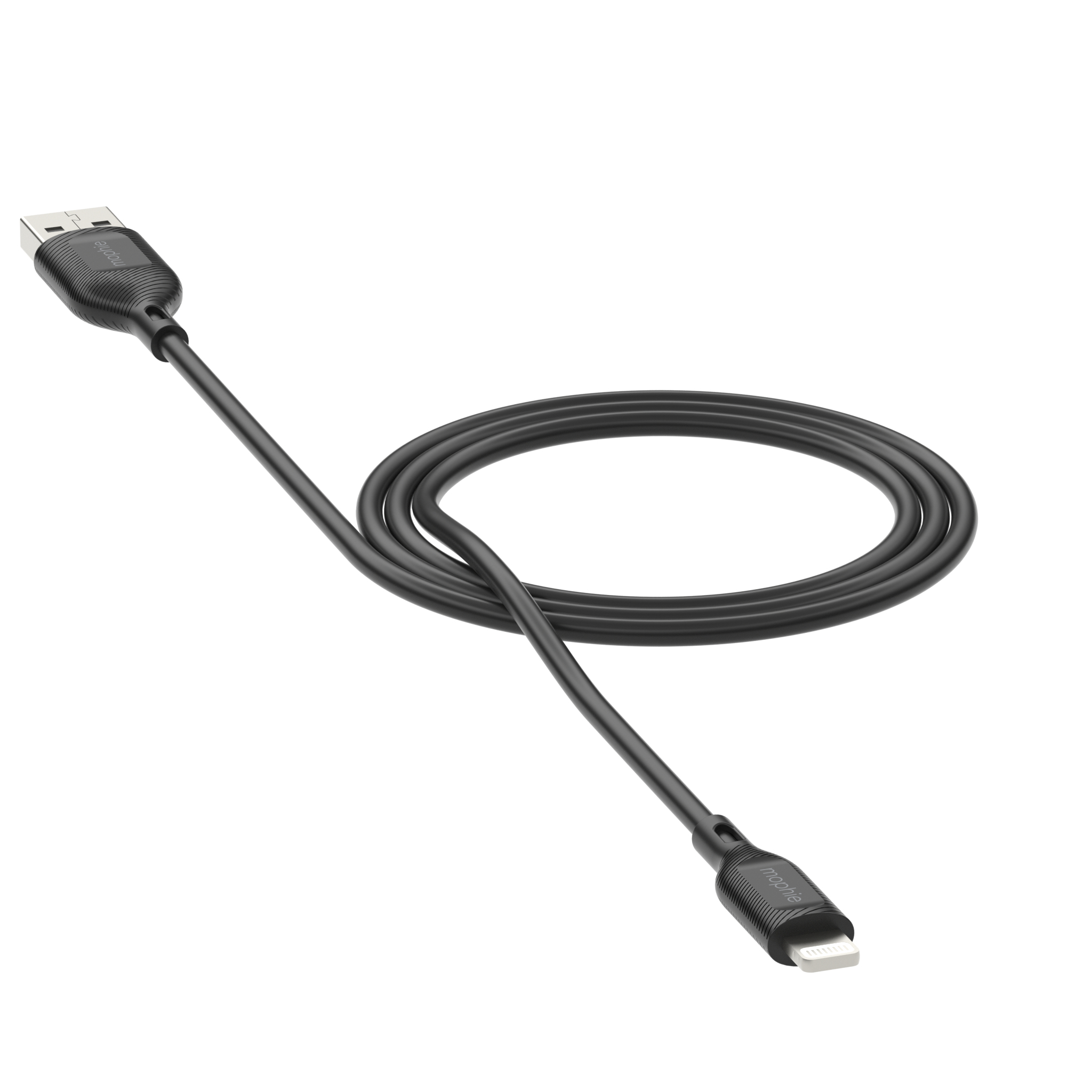 Cavo da USB a Lightning nero, arrotolato. I connettori sono neri. Sfondo bianco.