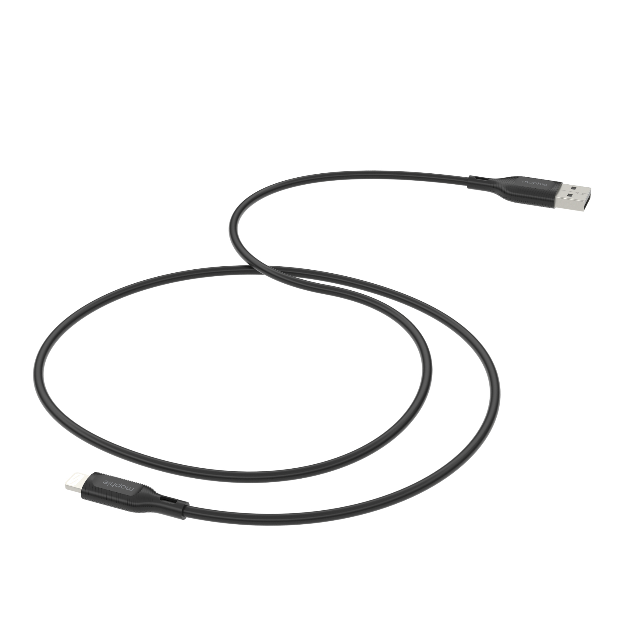 Un cavo di ricarica nero con connettore USB-A e Lightning, arricciato su sfondo bianco.