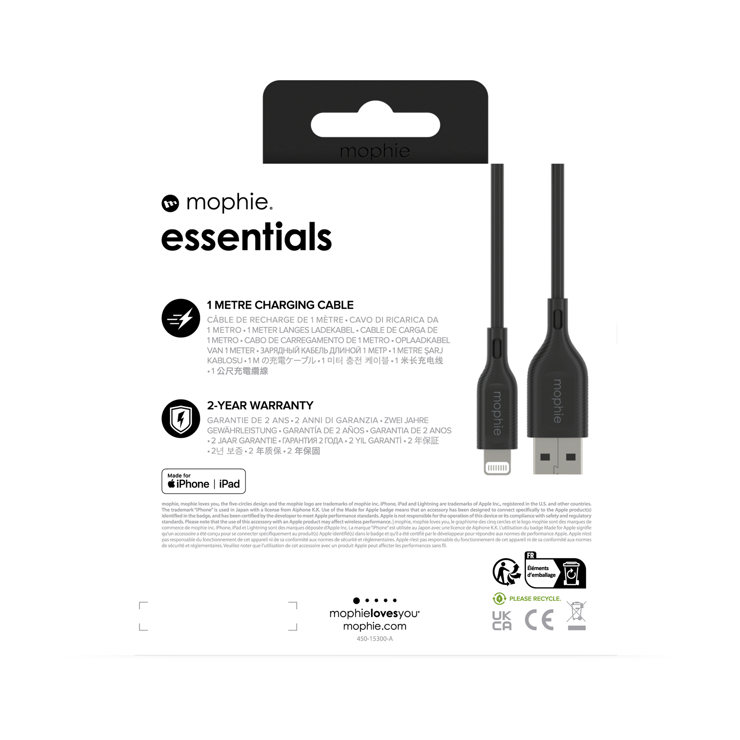 Cavo nero con connettori USB e Lightning su sfondo bianco, con testo.