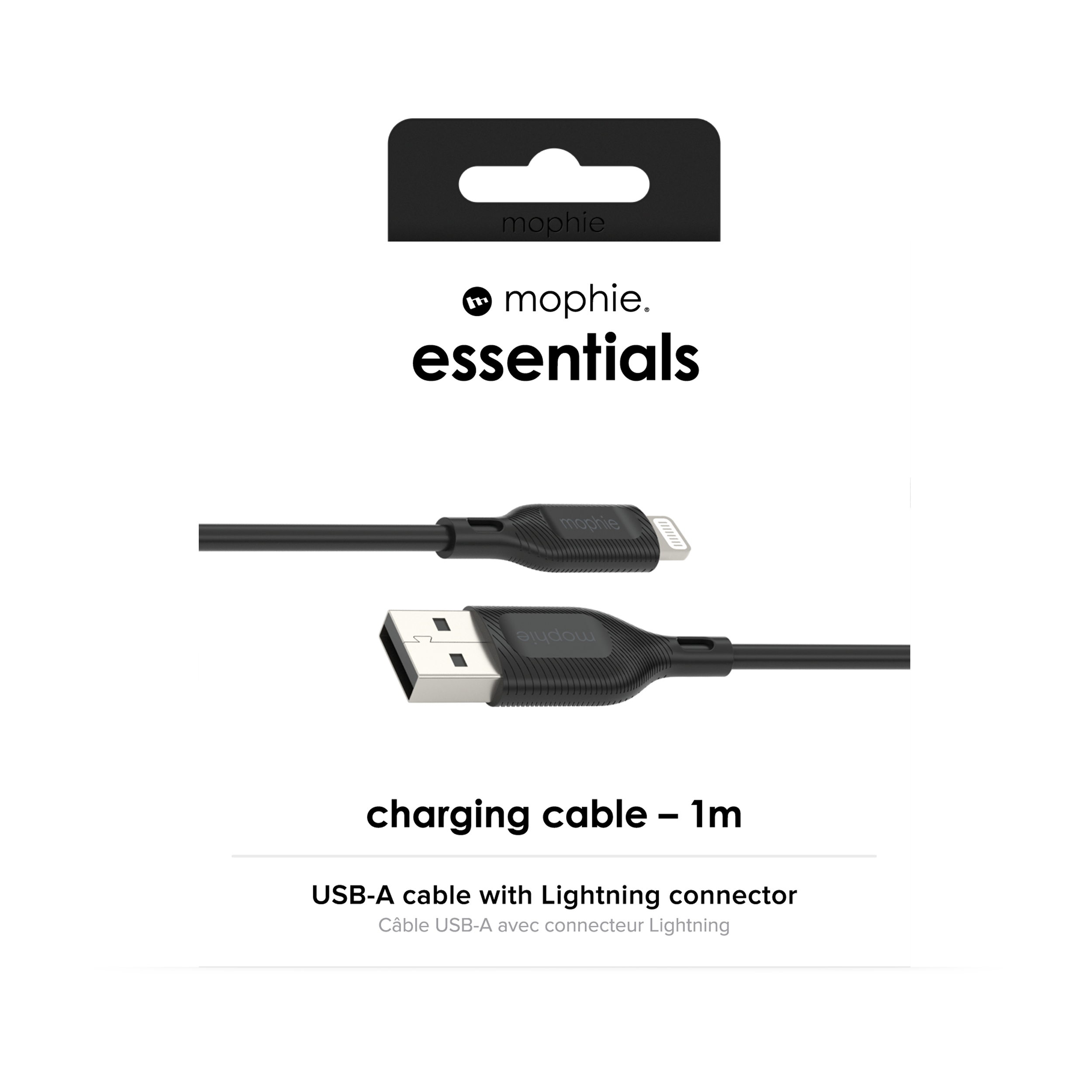Viene mostrato un cavo nero con connettori USB-A e Lightning.