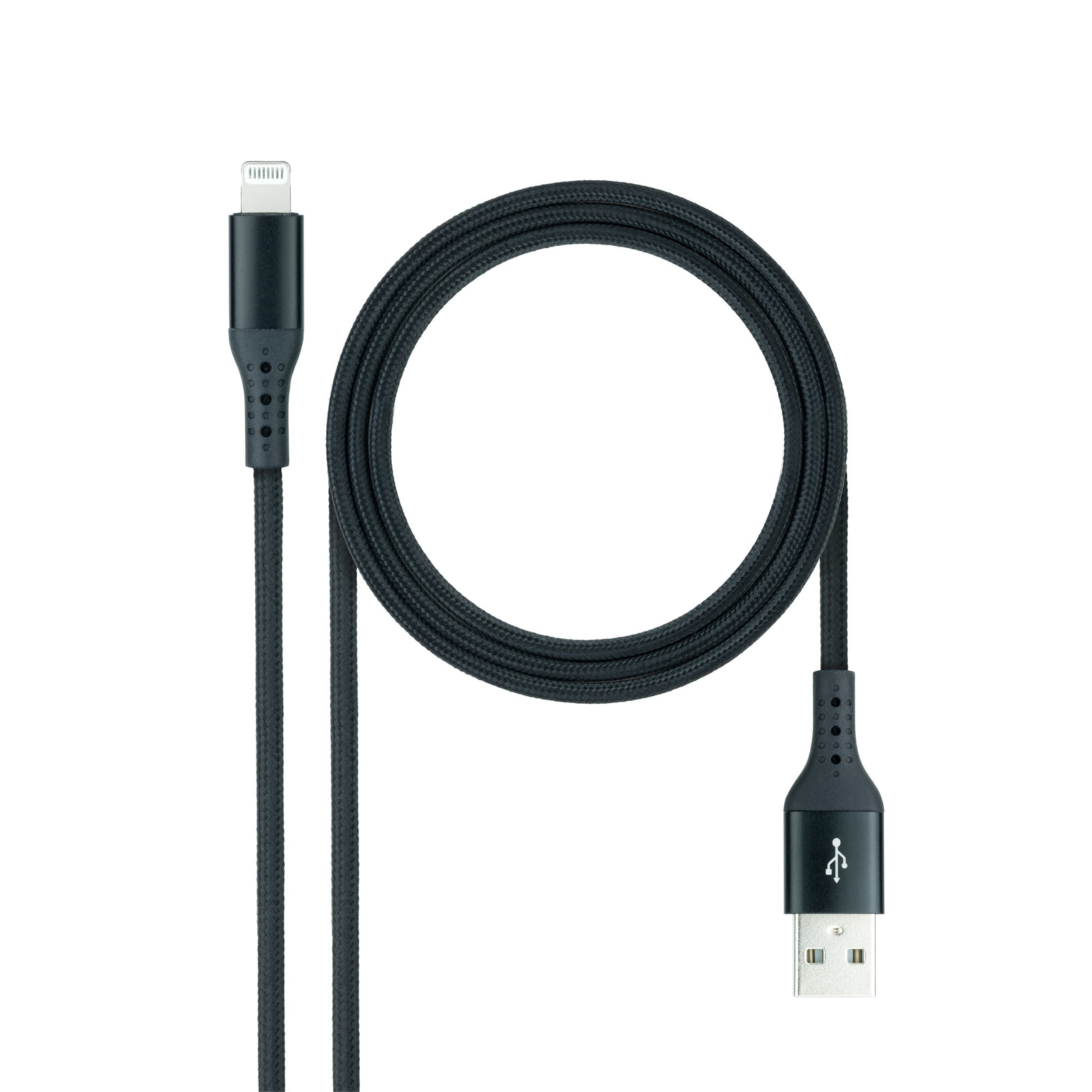 Cavo nero intrecciato con connettore Lightning e USB. Sfondo bianco.