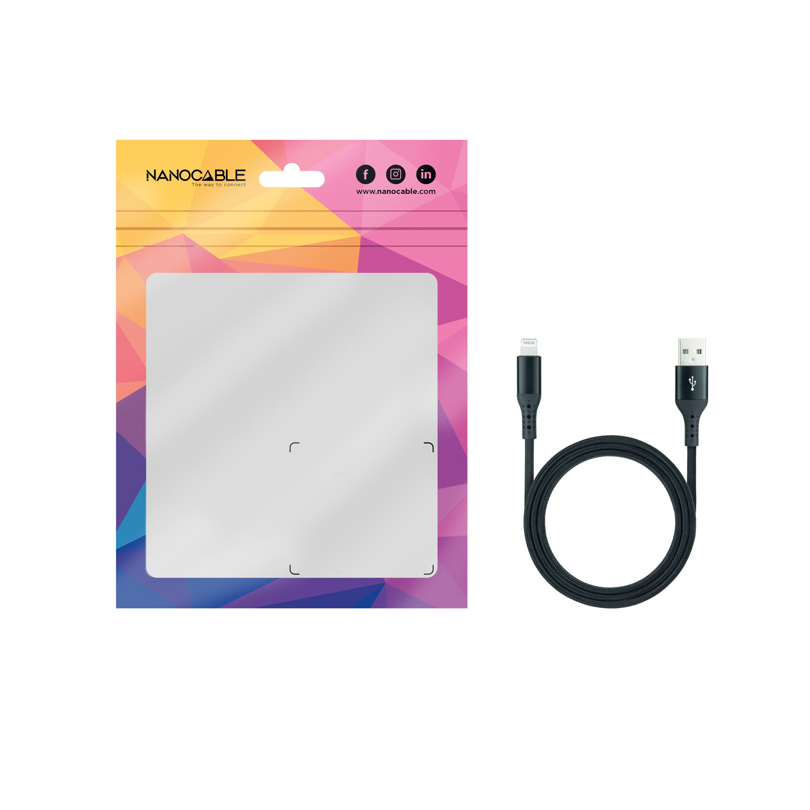 Un cavo di ricarica nero in confezione con connettore USB-A e Lightning, su sfondo bianco.
