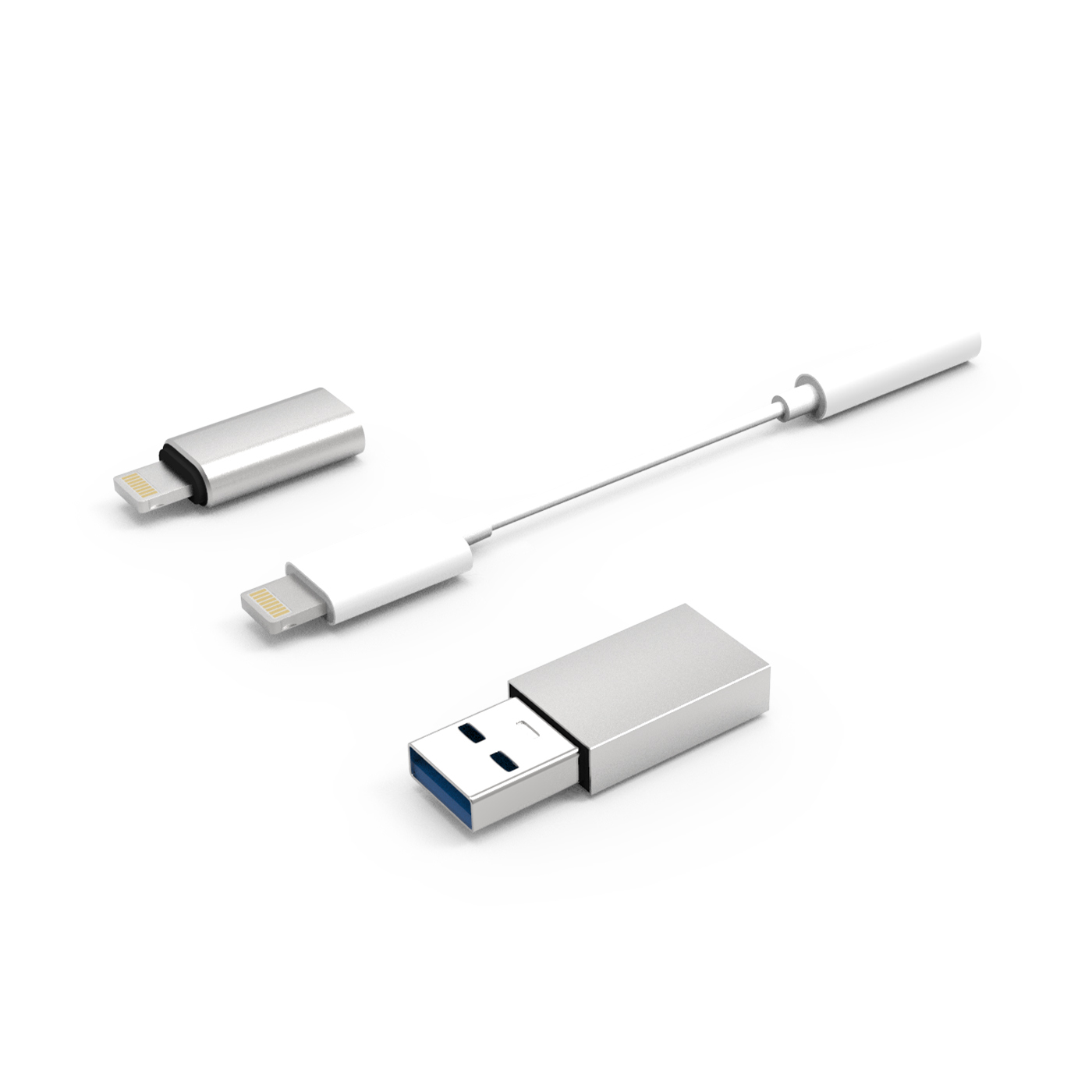 Drei silberne Anschlüsse: USB, USB zu Lightning und Lightning, freigestellt auf weiß.