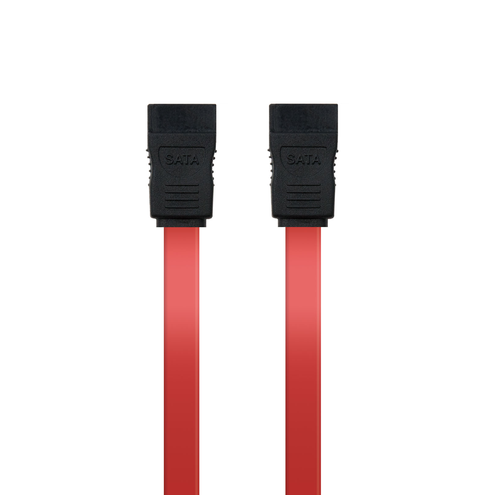 Twee rode SATA-kabels met zwarte SATA-connectoren aan elk uiteinde, geïsoleerd op wit.