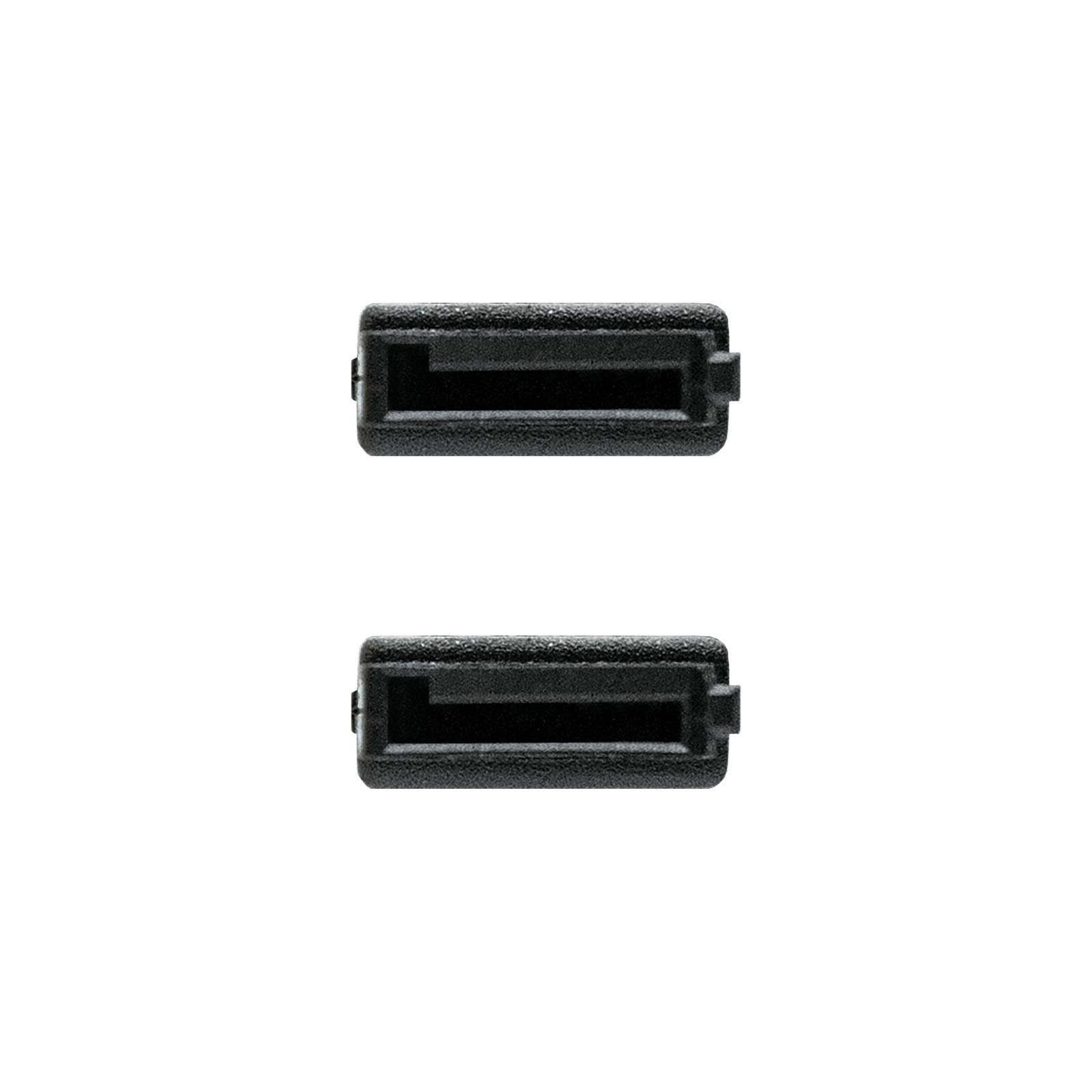 Twee zwarte connectoren, bovenaanzicht, geïsoleerd op wit.