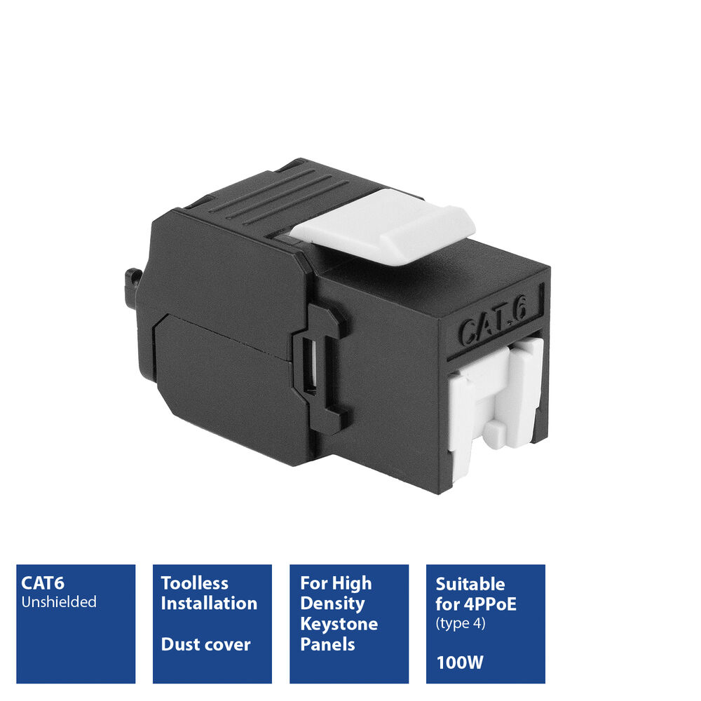 Un jack Keystone CAT6 nero con chiusura bianca ed etichette di testo.