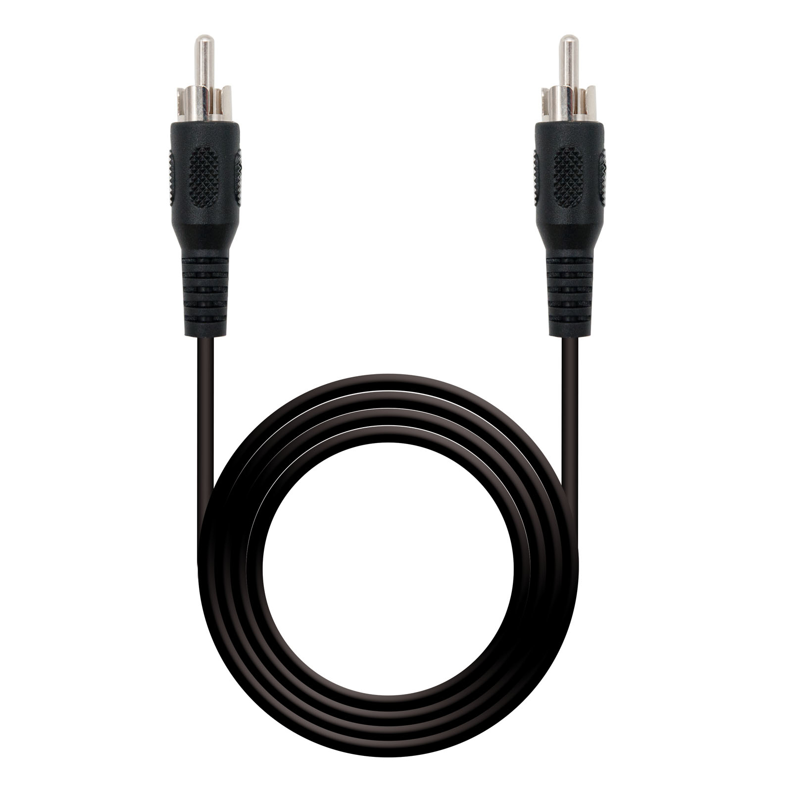 Un cavo RCA nero con connettori neri, isolato su sfondo bianco.