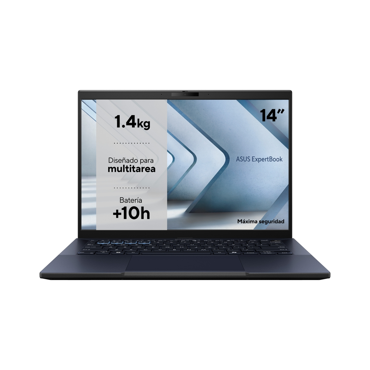 Portátil azul oscuro, abierto mostrando pantalla con texto, teclado y panel táctil.