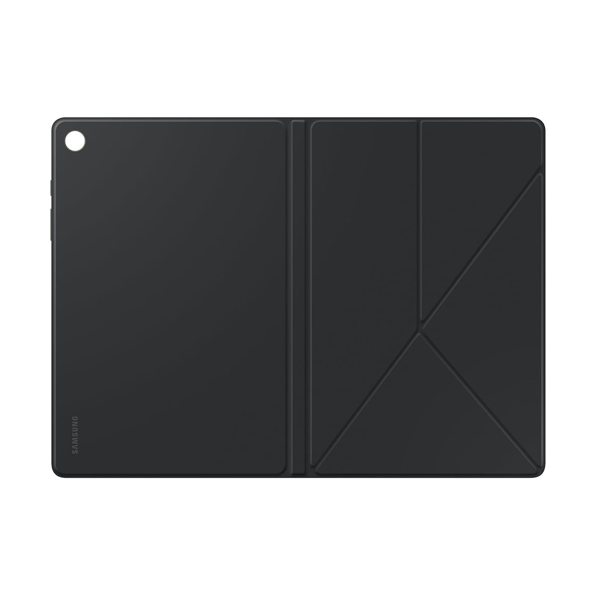 Tablet nero con custodia piegata a supporto. Logo Samsung visibile.