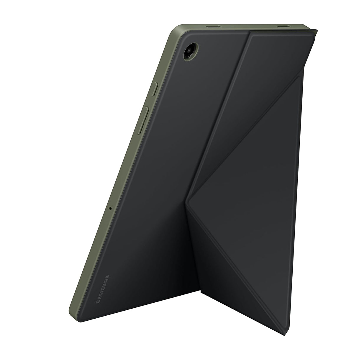 Tablet verde e nero con custodia, angolato di lato, sfondo bianco.