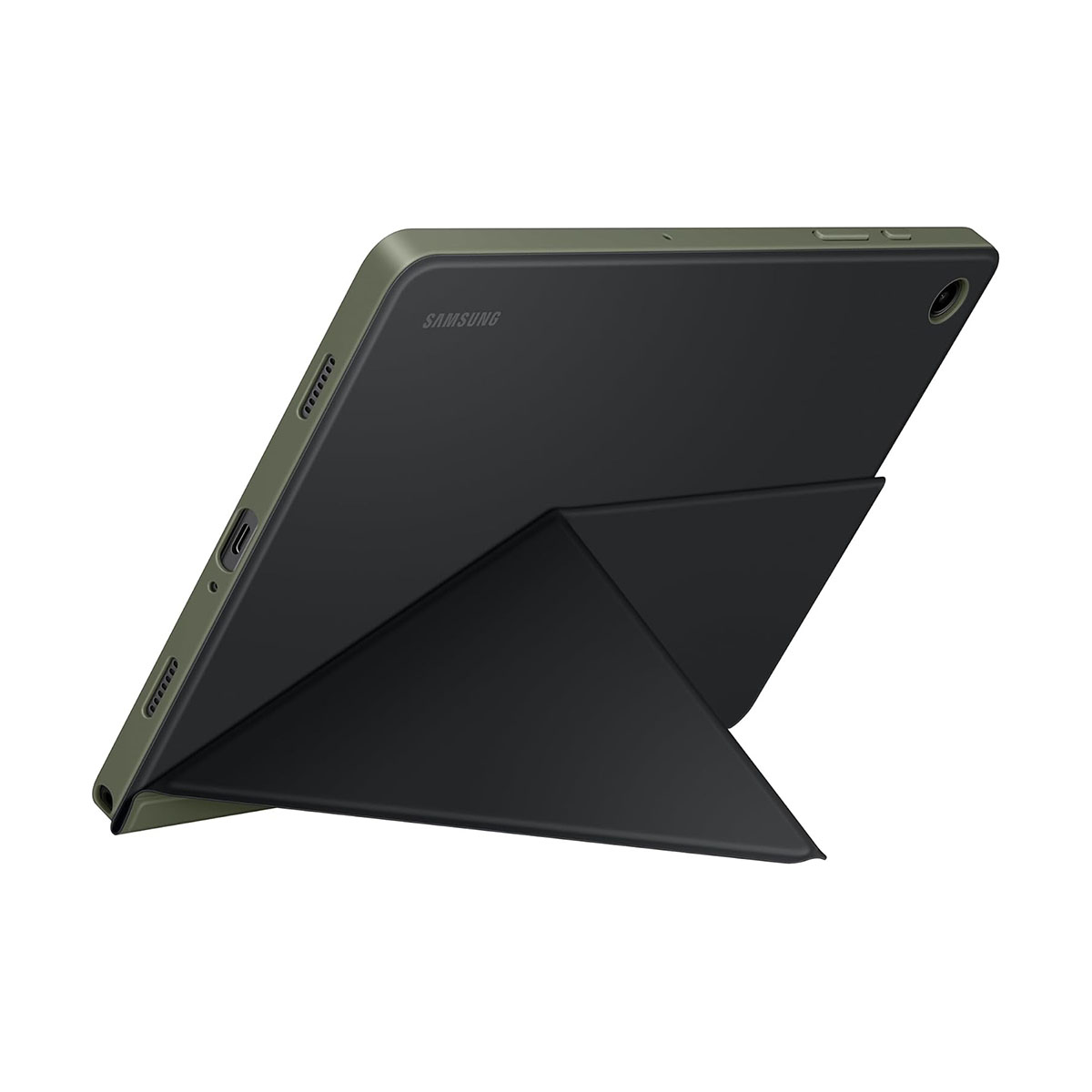 Un tablet con una custodia verde scuro. Lo schermo è nero e il supporto è piegato a triangolo.