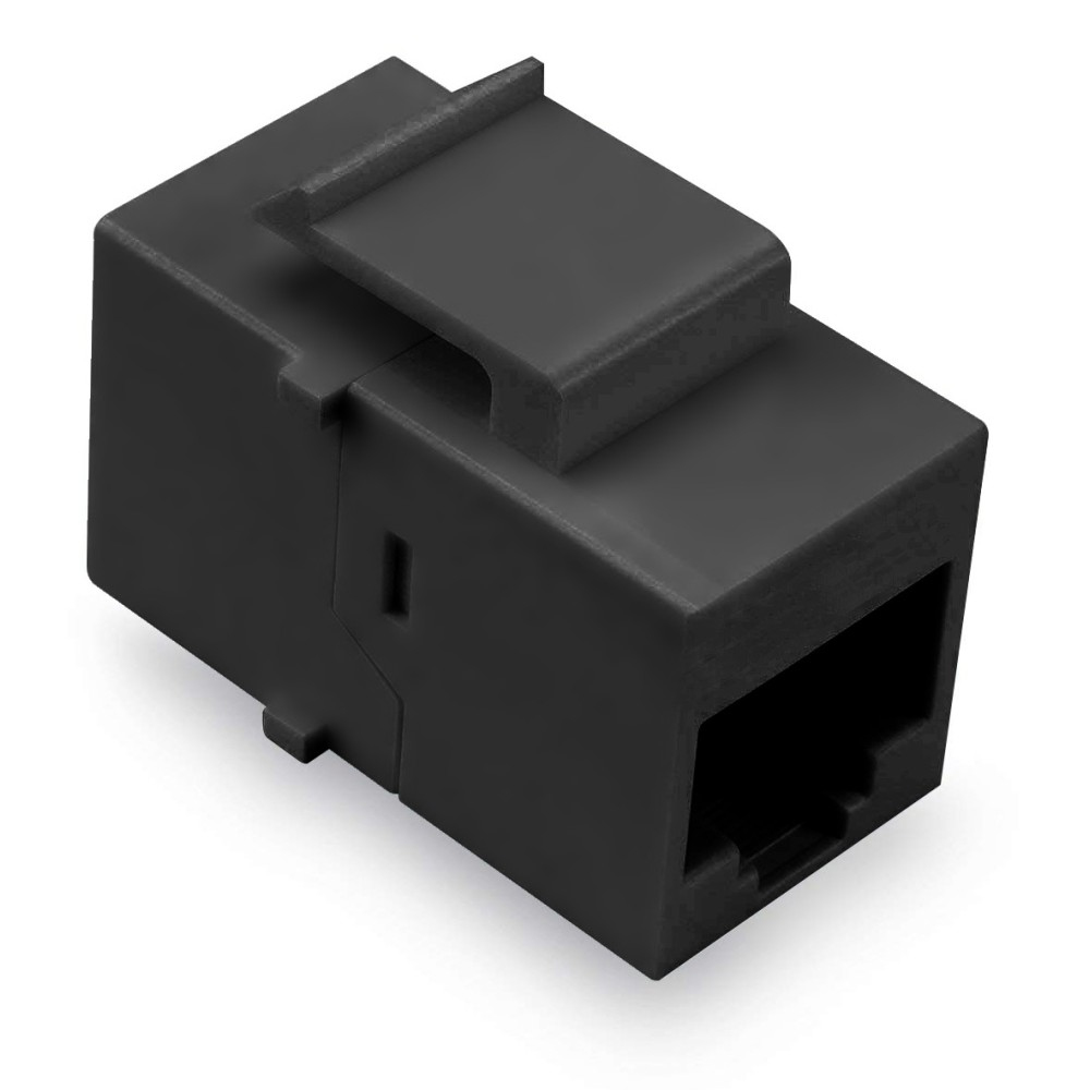 Accoppiatore RJ45 nero. Vista angolata con fessura. Sfondo bianco.