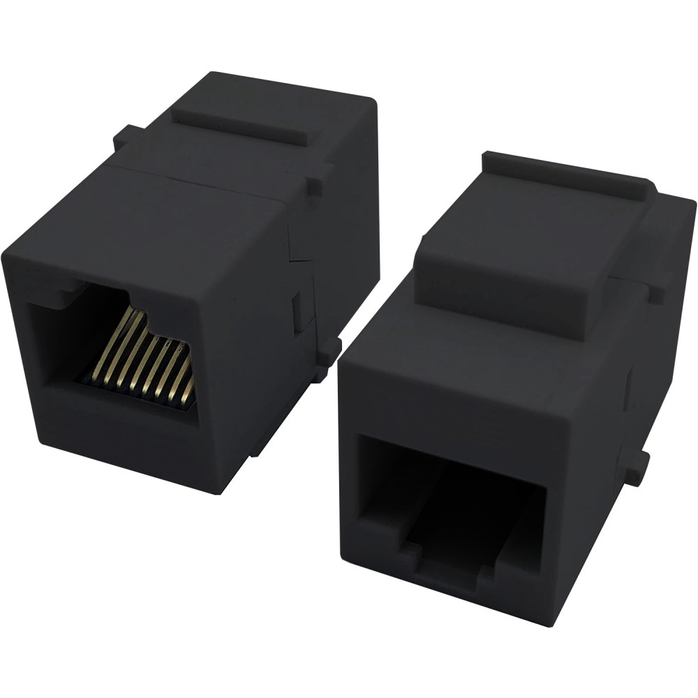 Due accoppiatori RJ45 neri. Uno mostra pin dorati. Sfondo bianco.